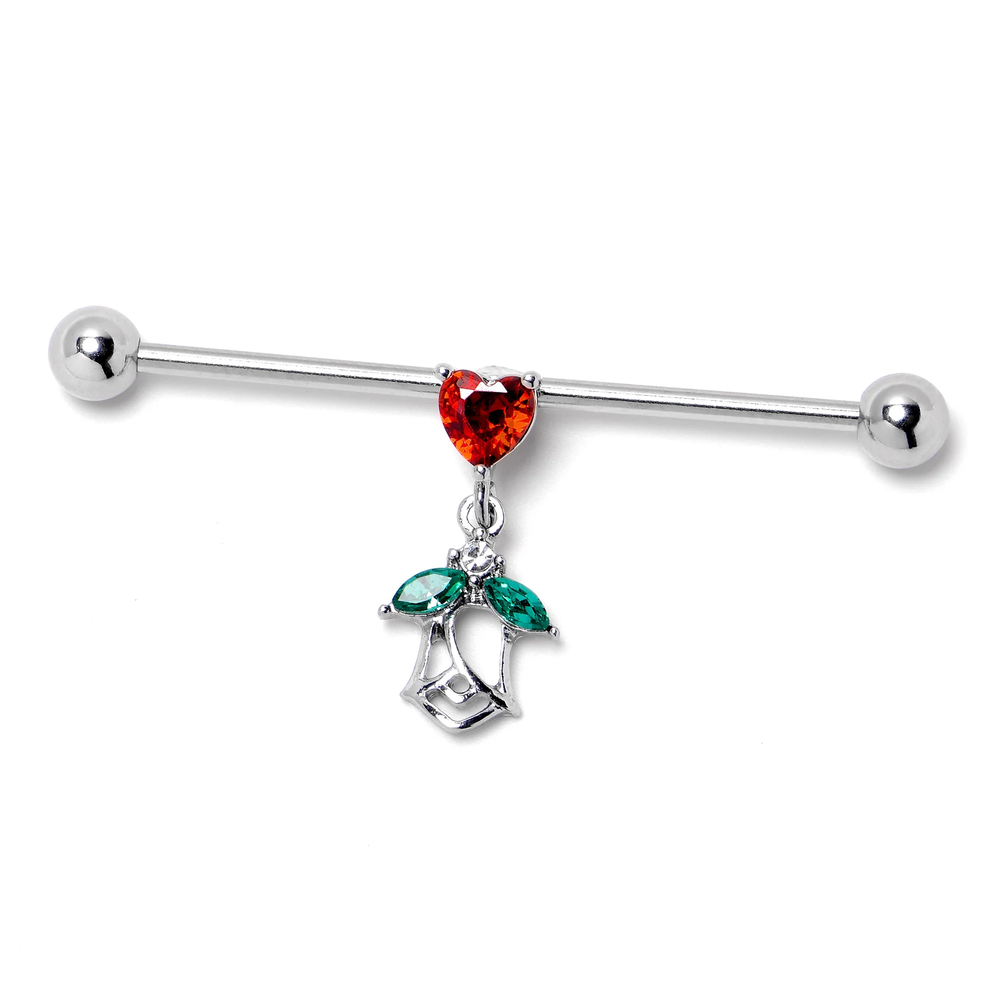 14G Red CZ Gem Heart And Rose Dangle Industrial Barbell 38mm - Image 6