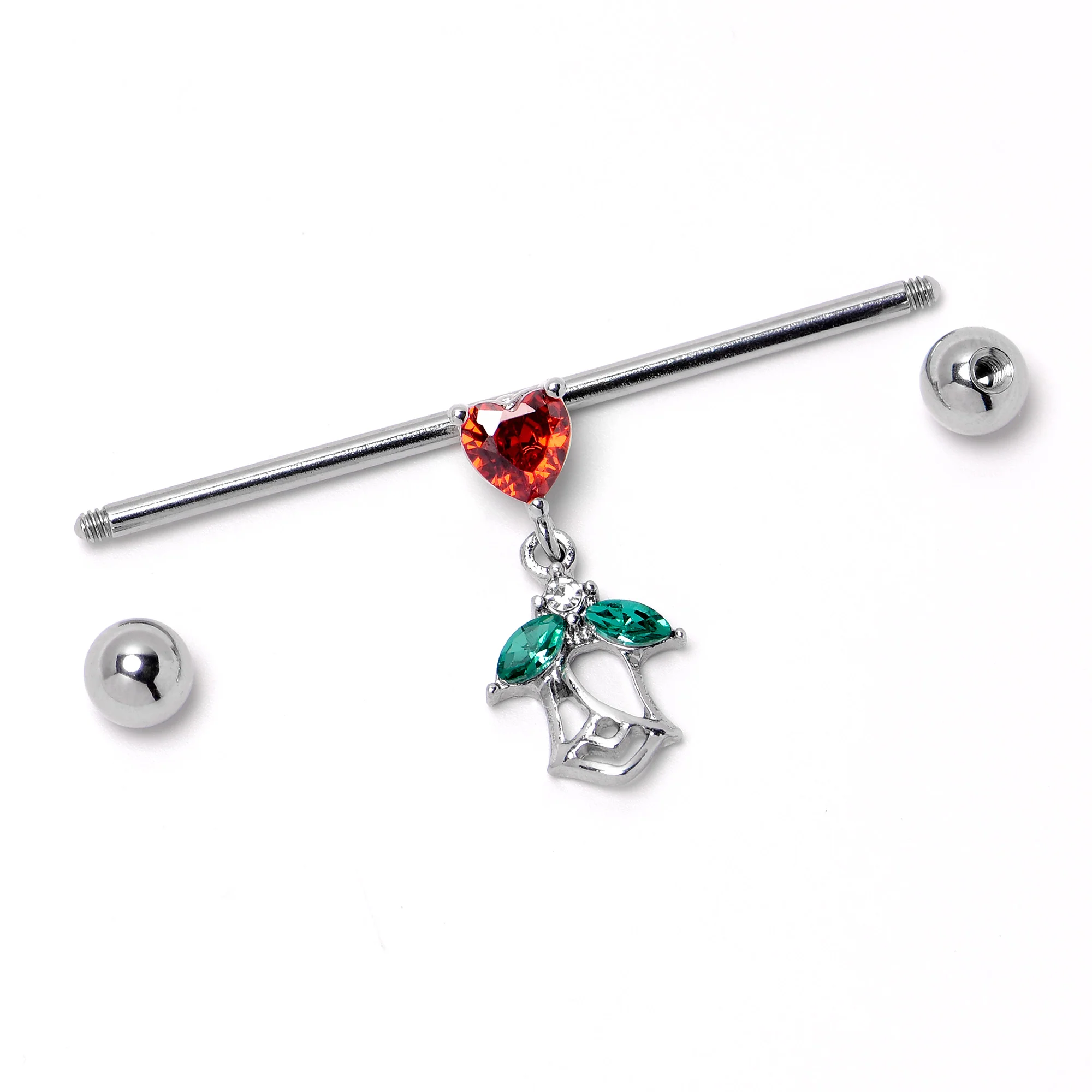 14G Red CZ Gem Heart And Rose Dangle Industrial Barbell 38mm - Image 7