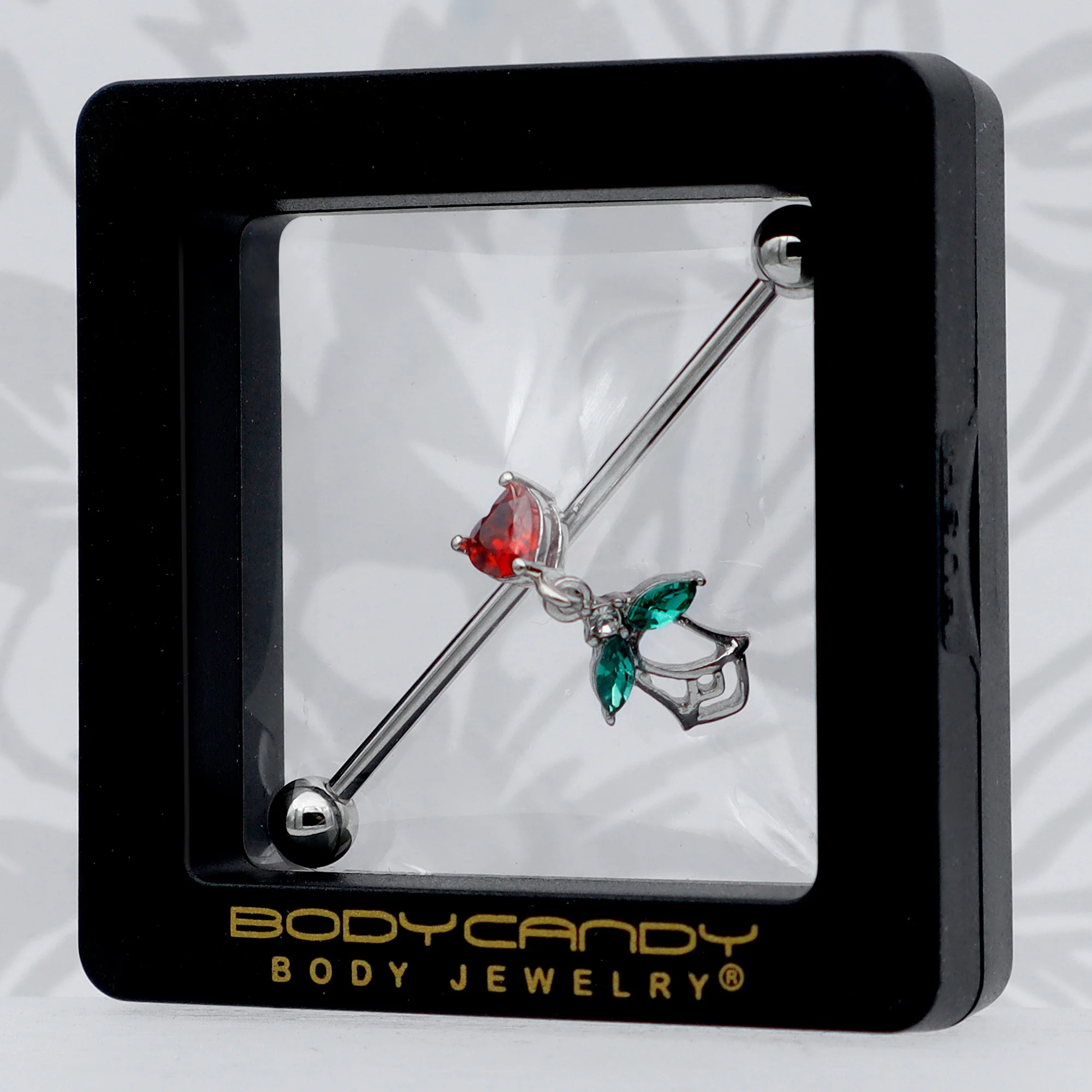 14G Red CZ Gem Heart And Rose Dangle Industrial Barbell 38mm - Image 8