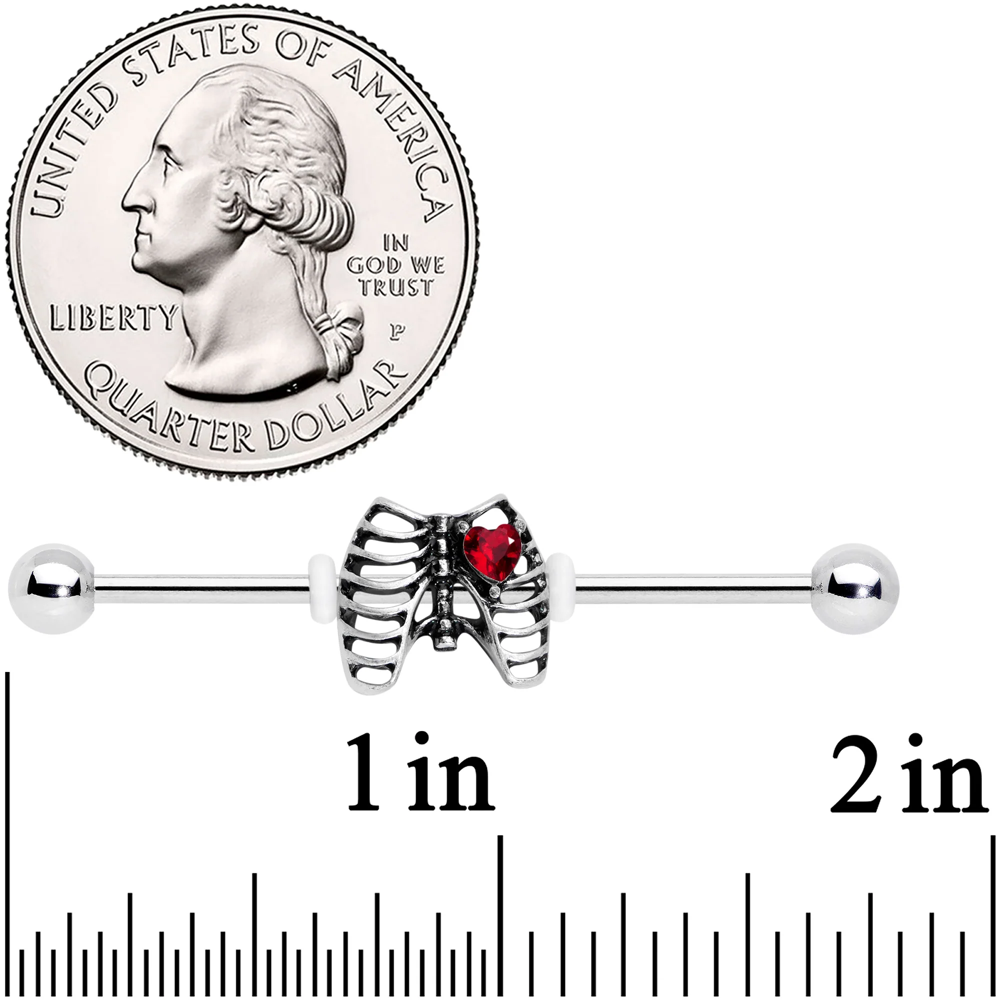 14G Red CZ Gem Heart Skeleton Halloween Industrial Barbell 38mm - Image 2