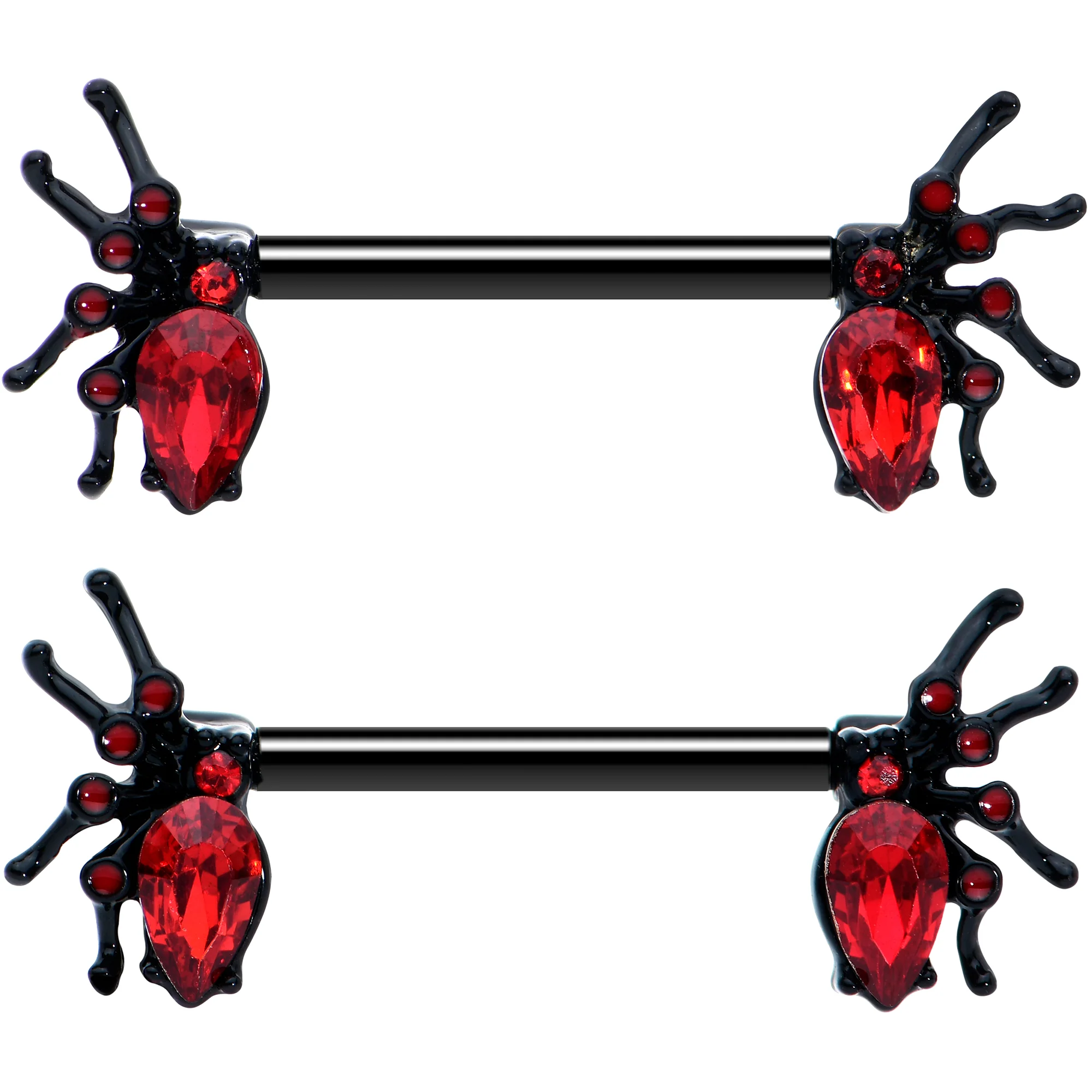 14G Red Gem Black Creep Spider Halloween Barbell Nipple Ring Set - Image 2