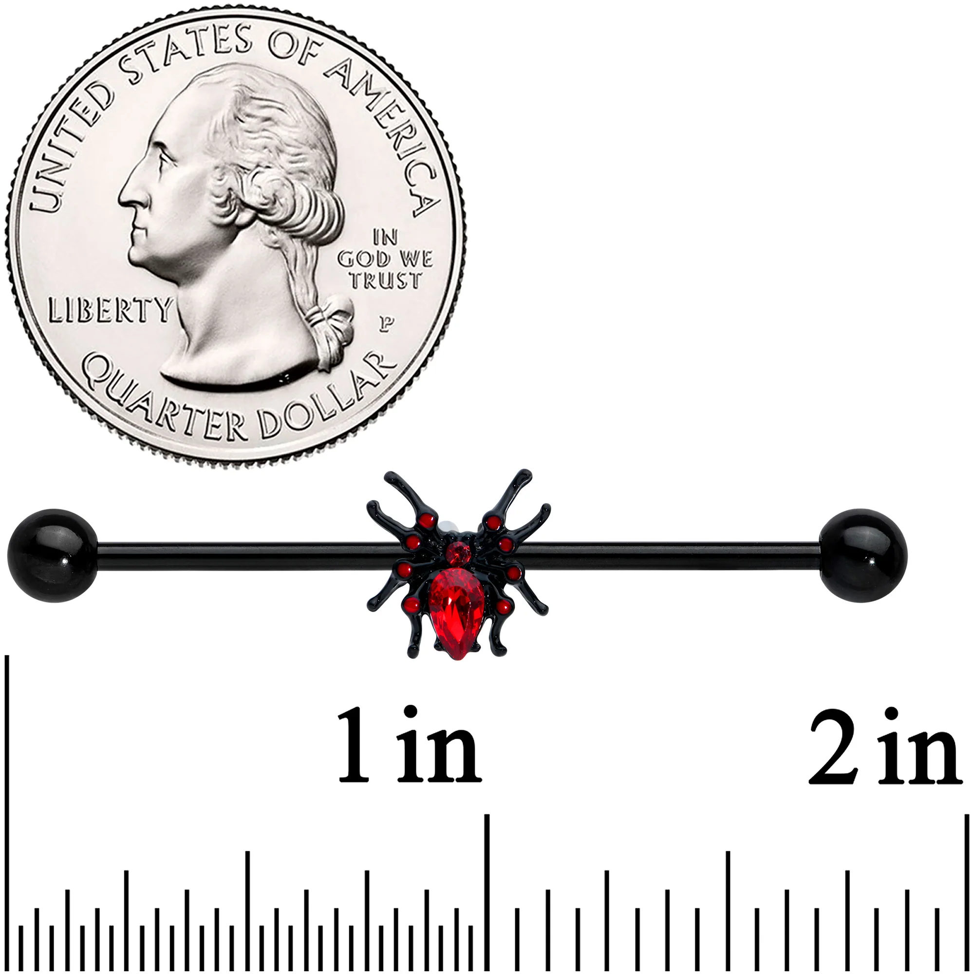 14G Red Gem Black Sexy Spider Halloween Industrial Barbell 38mm - Image 2