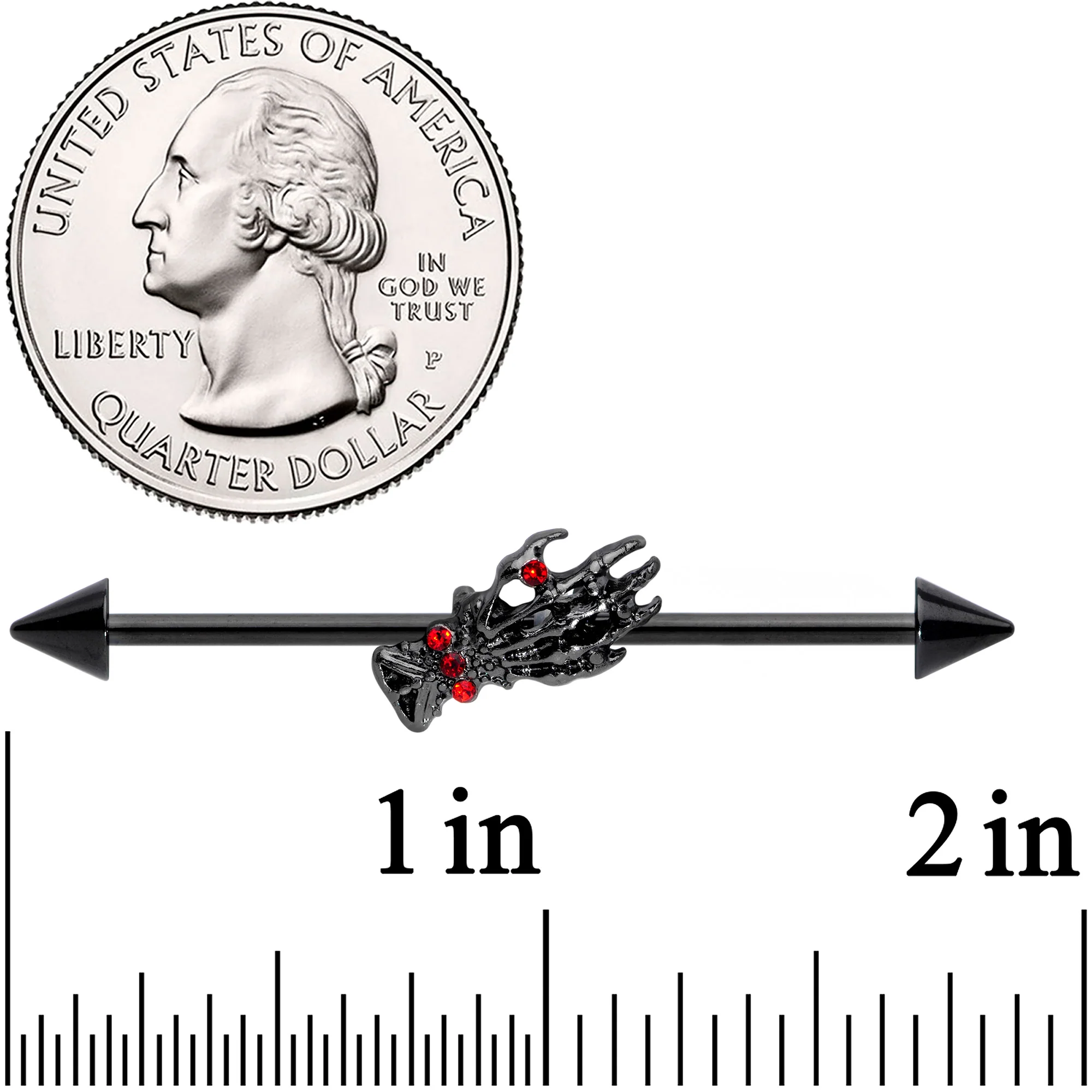 14G Red Gem Black Skeleton Hand Halloween Industrial Barbell 38mm - Image 2