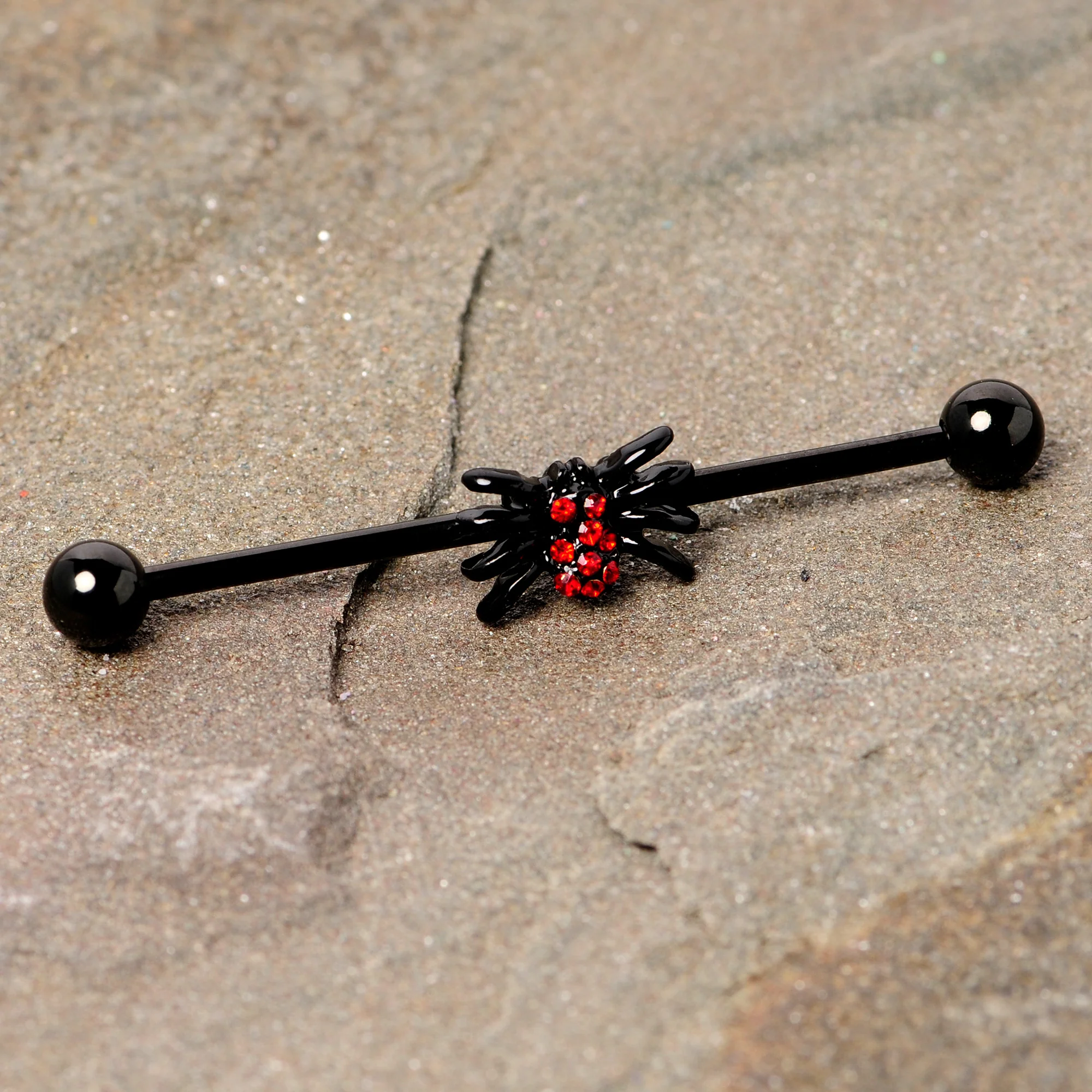 14G Red Gem Black Spider Halloween Industrial Barbell 38mm - Image 2