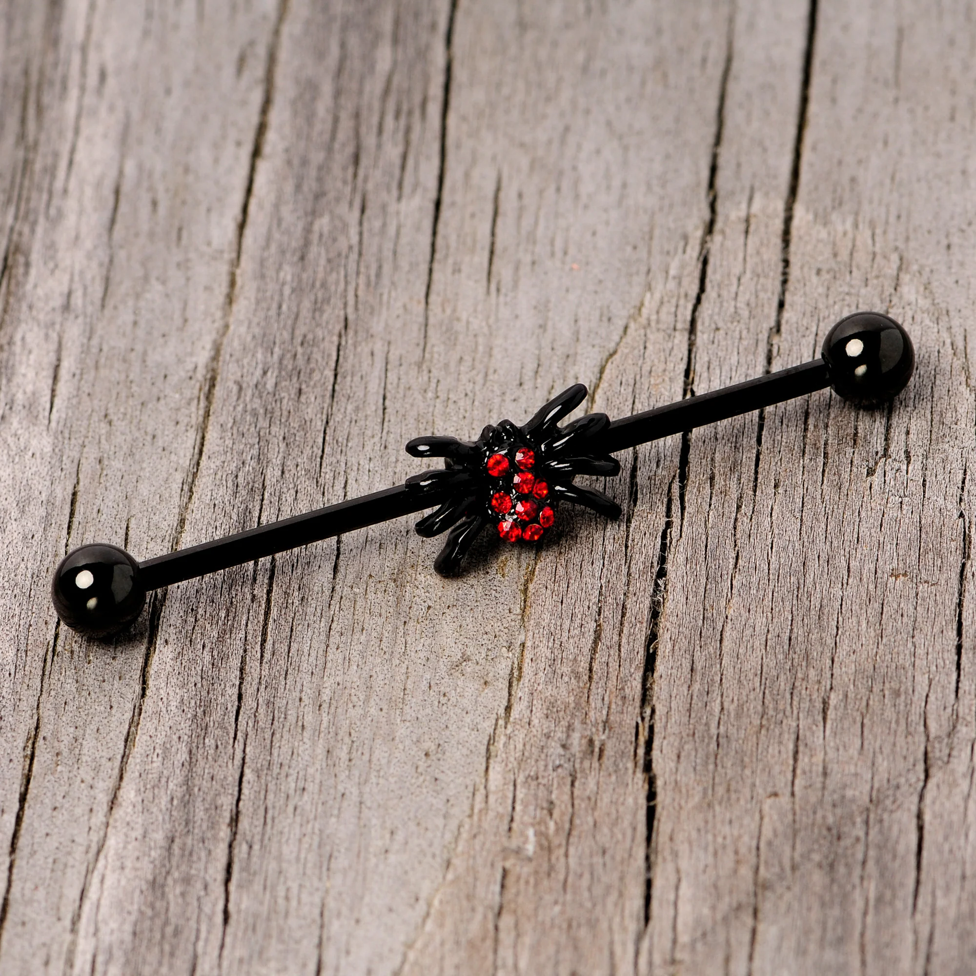 14G Red Gem Black Spider Halloween Industrial Barbell 38mm - Image 3