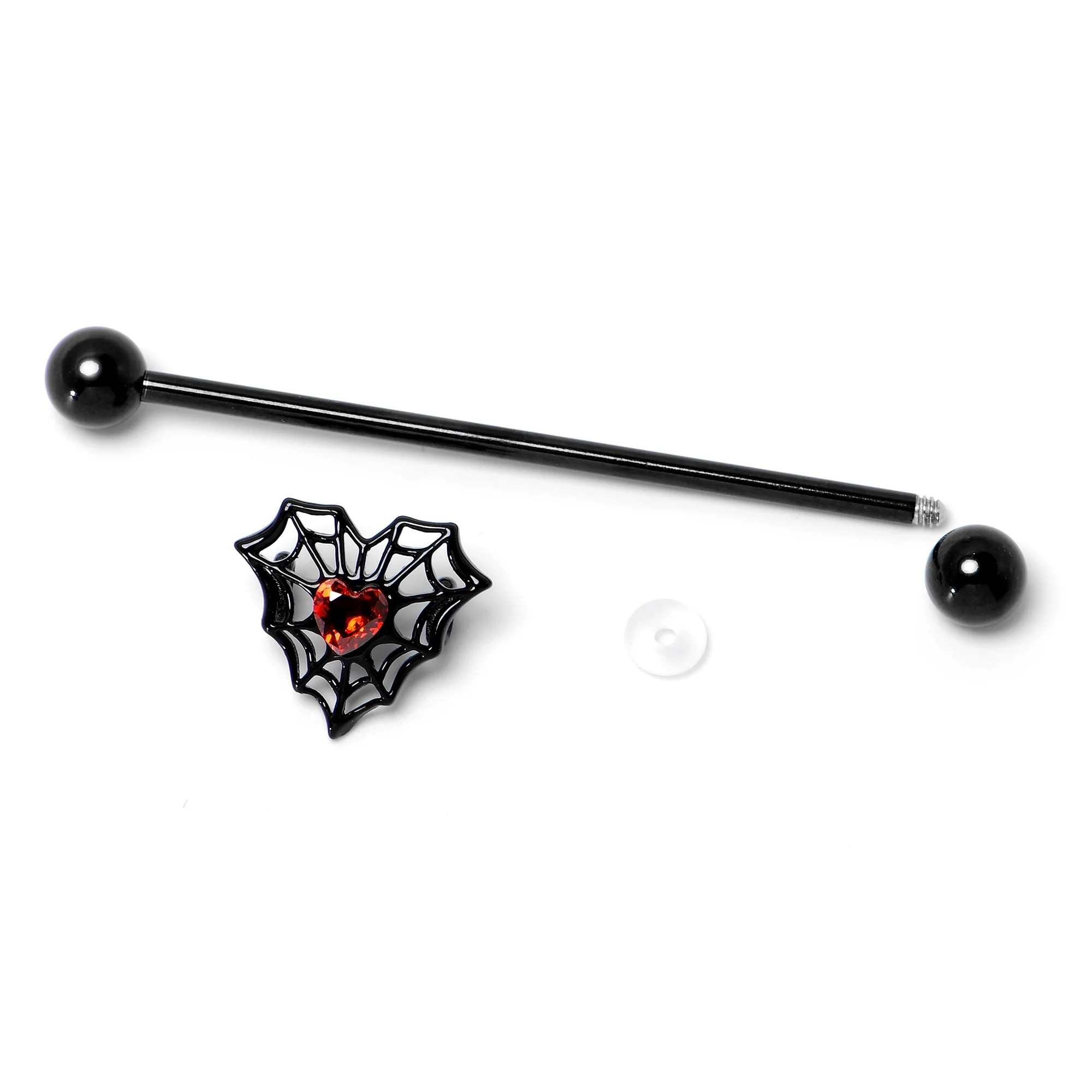 14G Red Gem Black Spider Heart Web Industrial Barbell 38mm - Image 6