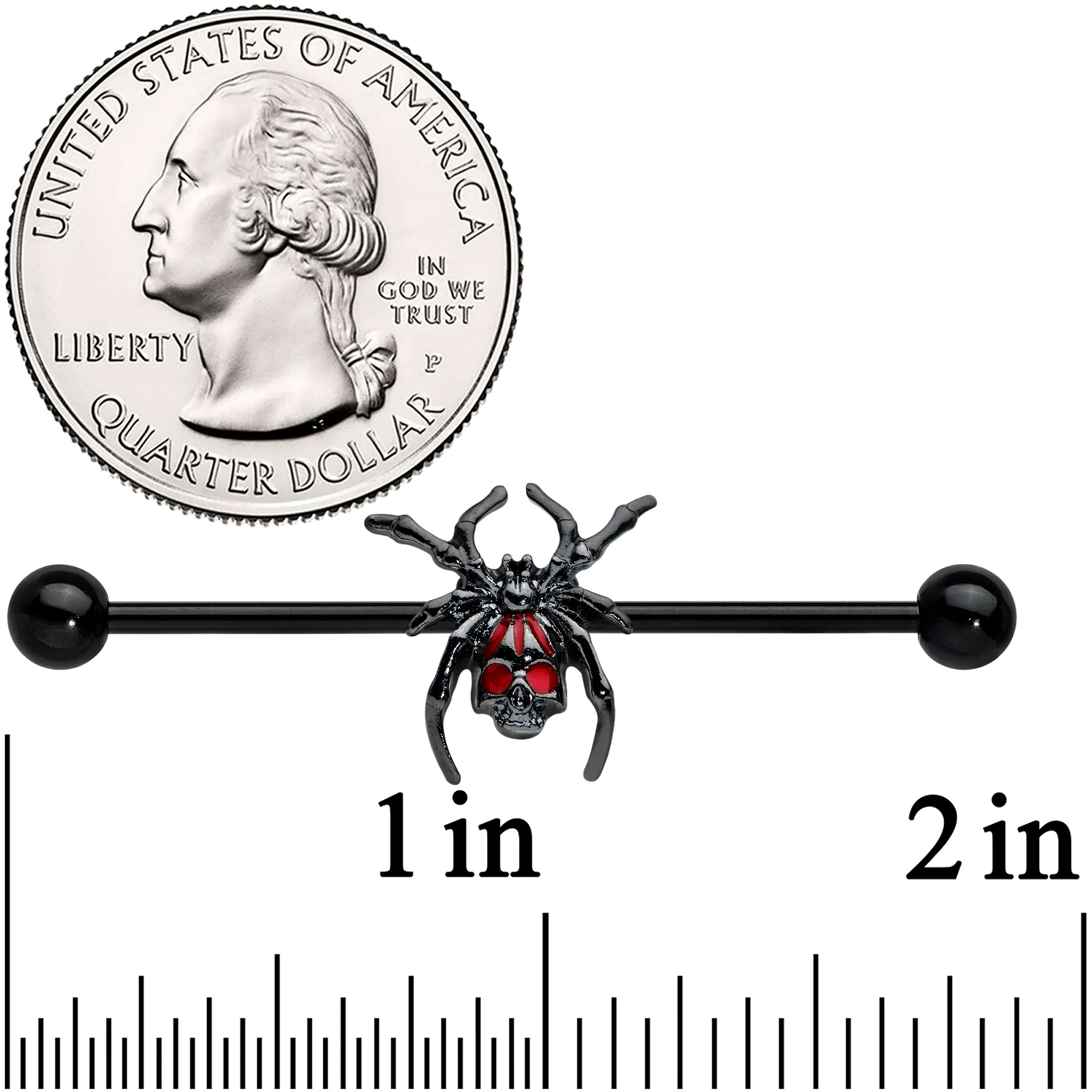 14G Red Gem Black Widow Spider Halloween Industrial Barbell 38mm - Image 2