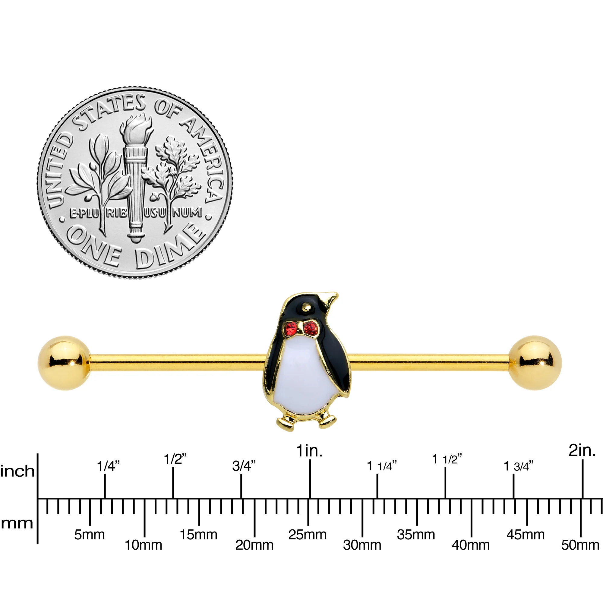 14G Red Gem Gold Tone Bow Tie Penguin Industrial Barbell 38mm - Image 3