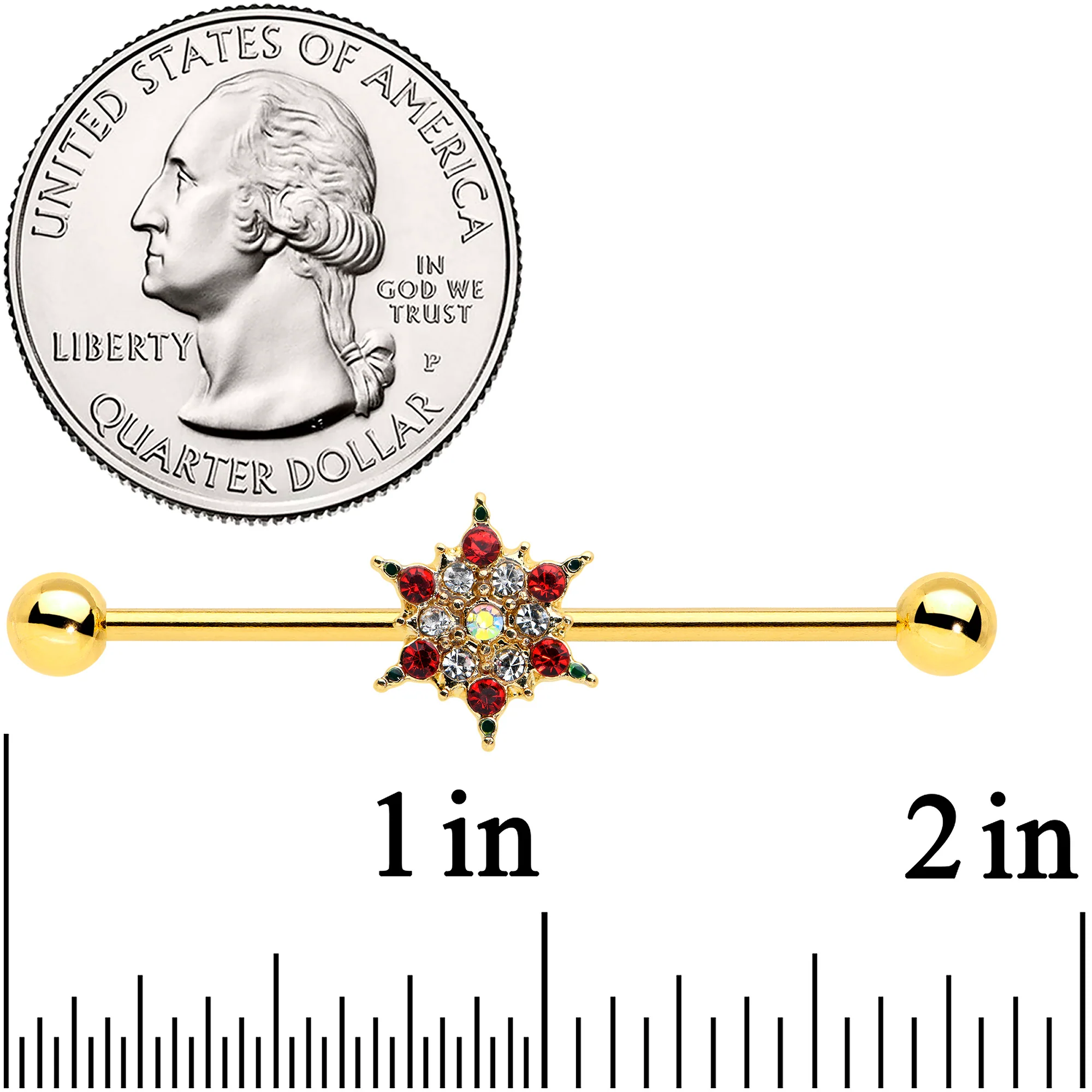 14G Red Gem Gold Tone Bright Christmas Industrial Barbell 38mm - Image 2