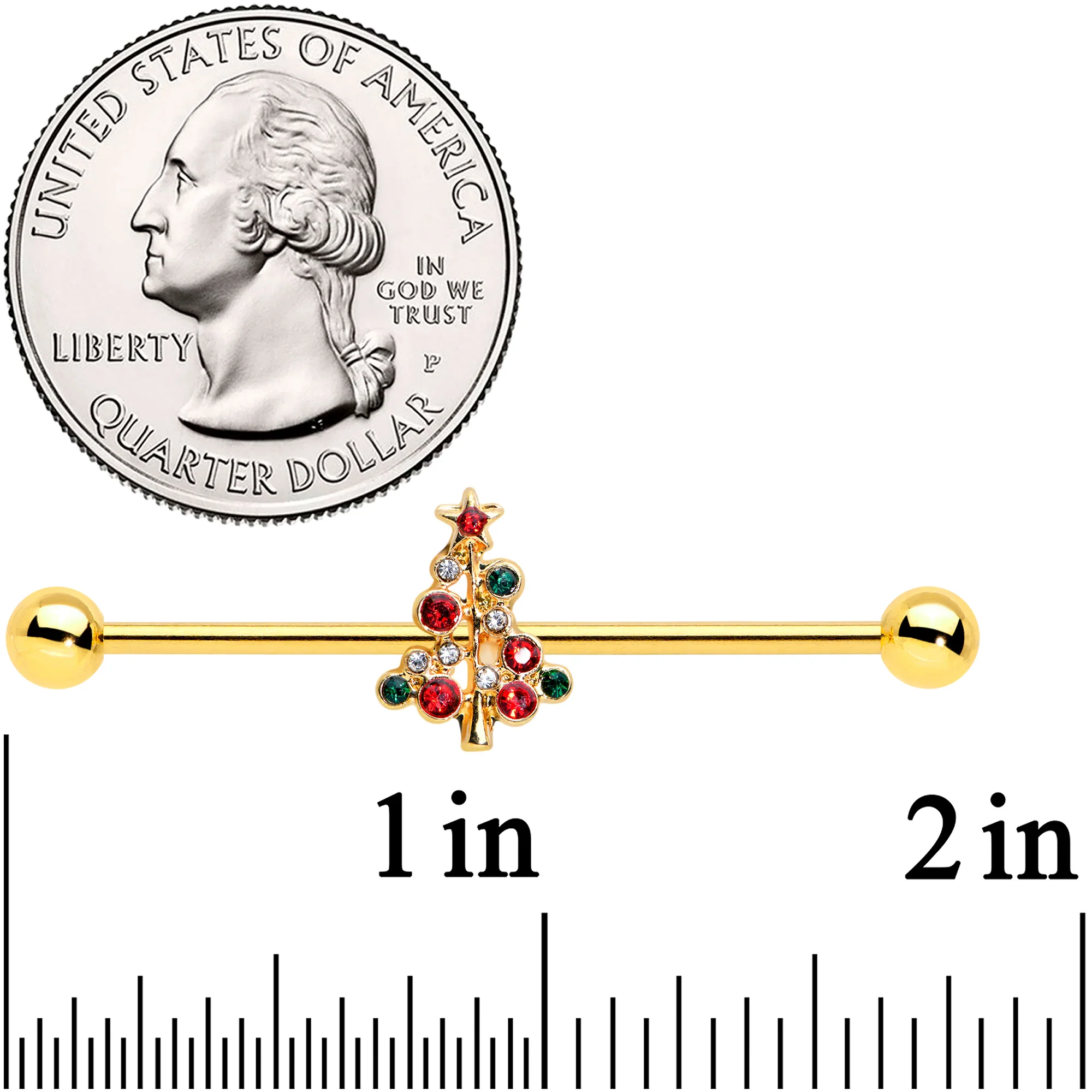 14G Red Gem Gold Tone Christmas Tree Industrial Barbell 38mm - Image 2
