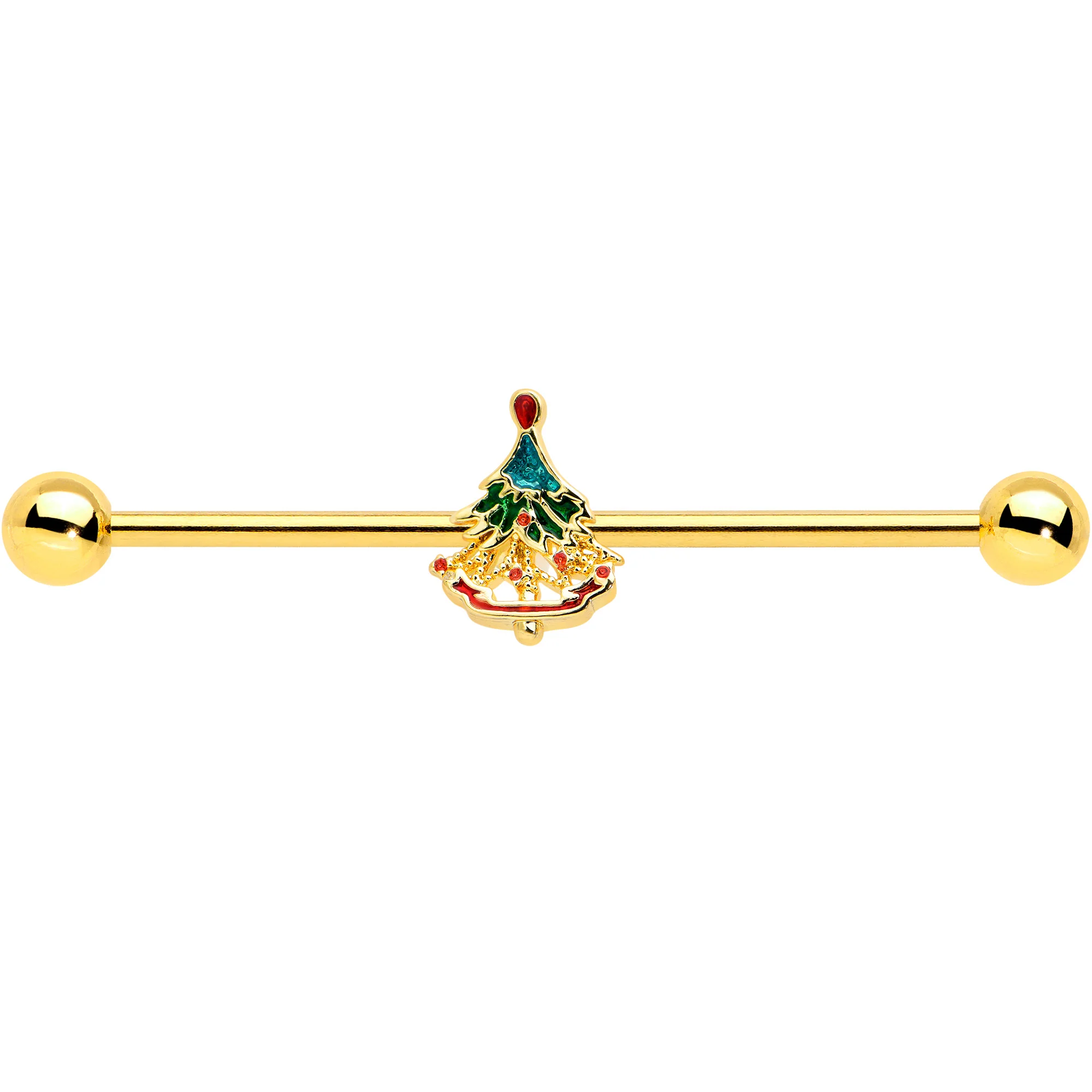 14G Red Gem Gold Tone Deco Holiday Tree Industrial Barbell 38mm - Image 2
