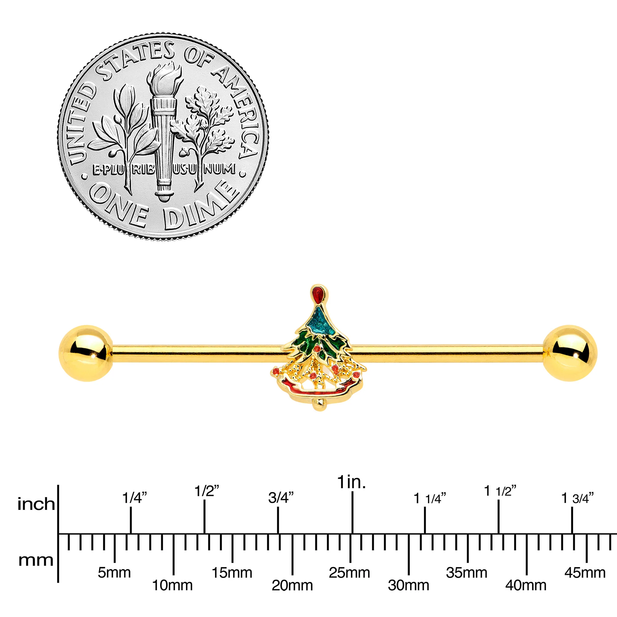 14G Red Gem Gold Tone Deco Holiday Tree Industrial Barbell 38mm - Image 3