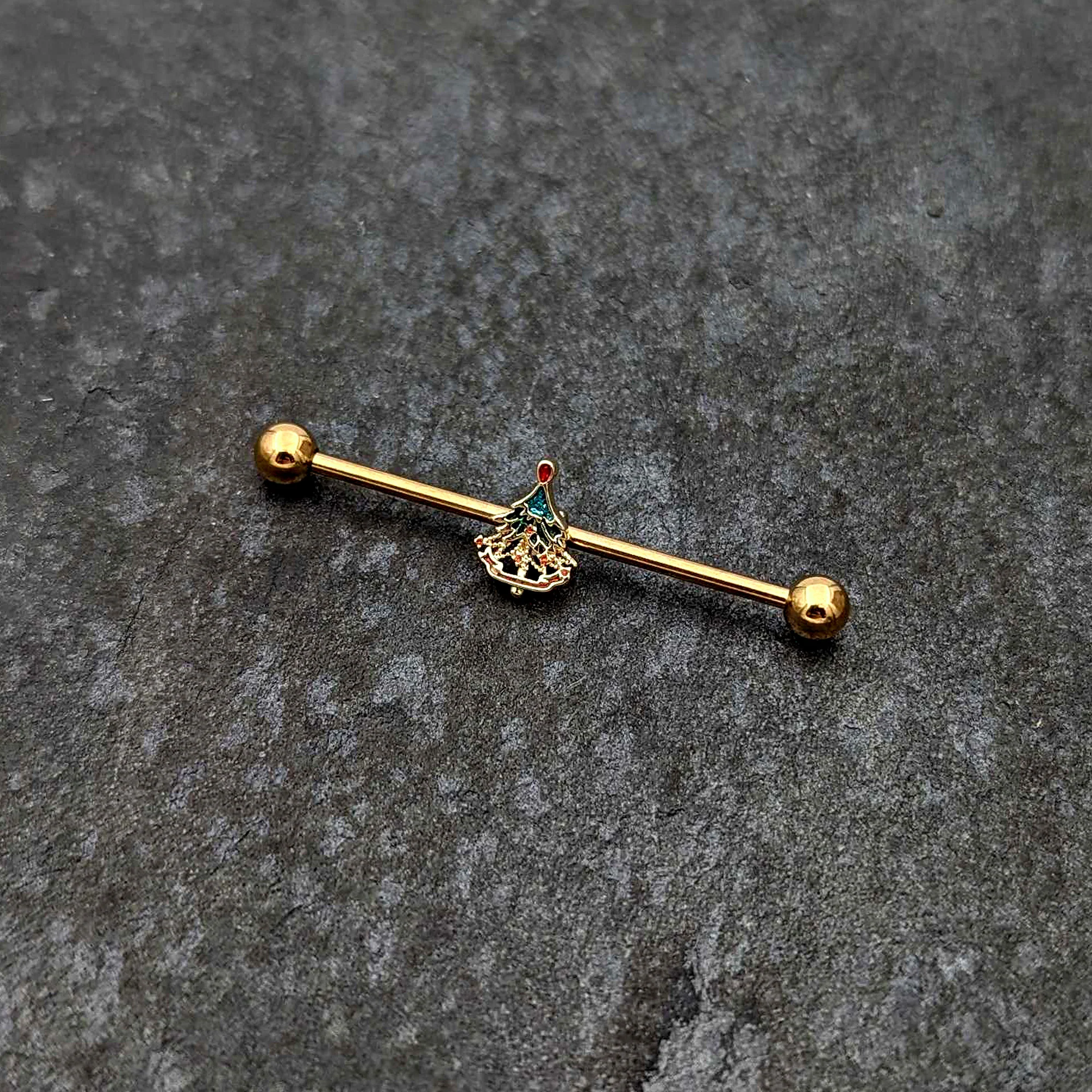 14G Red Gem Gold Tone Deco Holiday Tree Industrial Barbell 38mm - Image 4