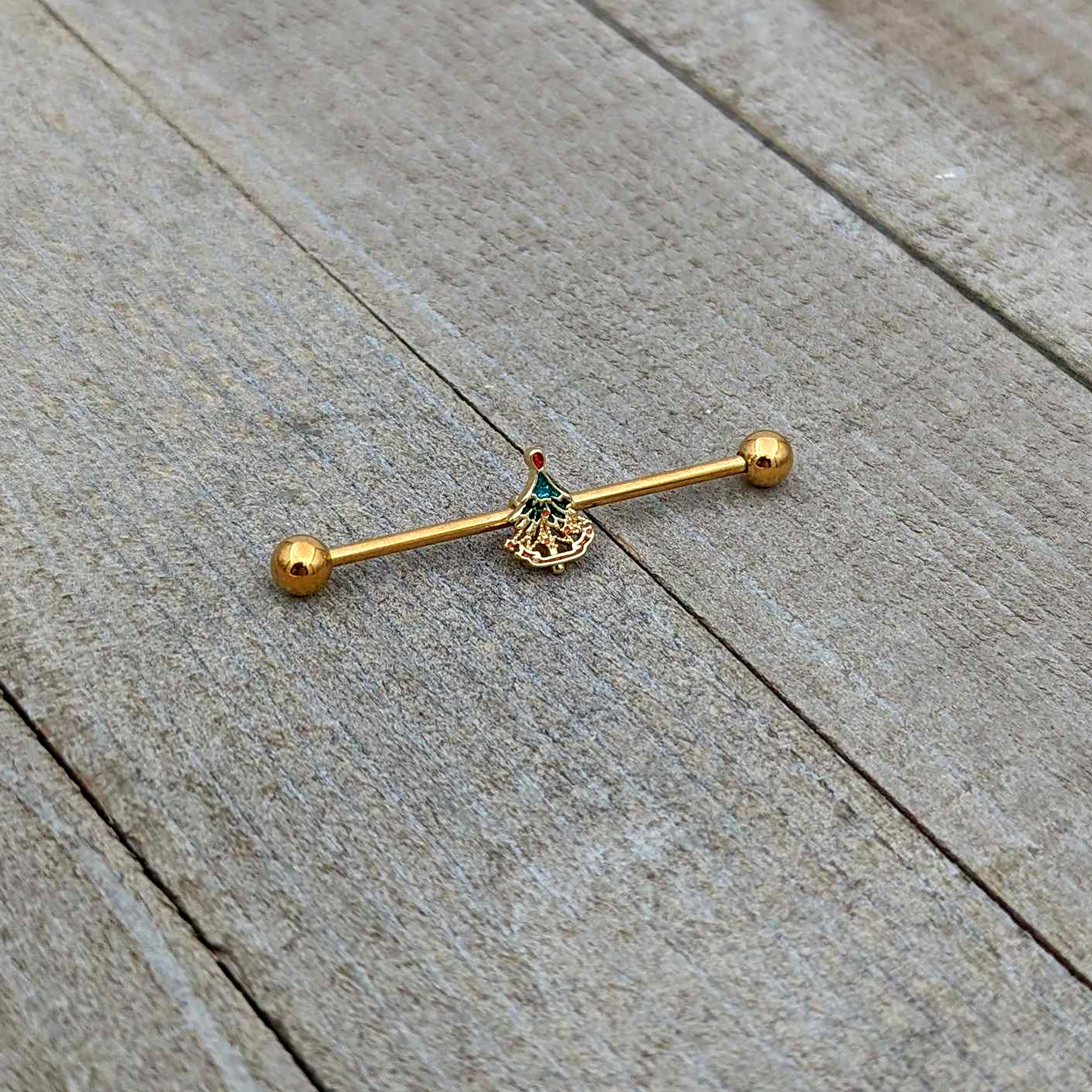 14G Red Gem Gold Tone Deco Holiday Tree Industrial Barbell 38mm - Image 5