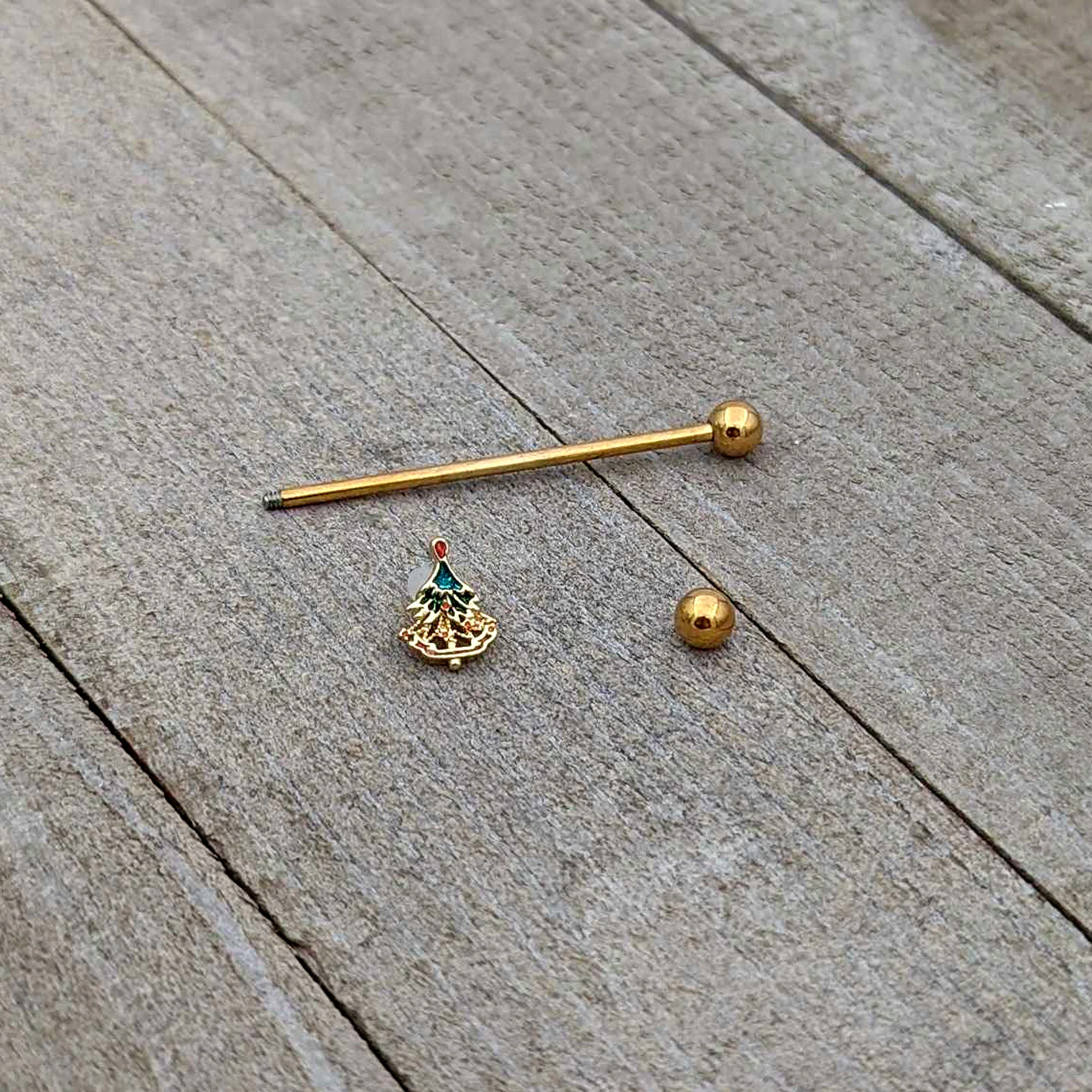 14G Red Gem Gold Tone Deco Holiday Tree Industrial Barbell 38mm - Image 6