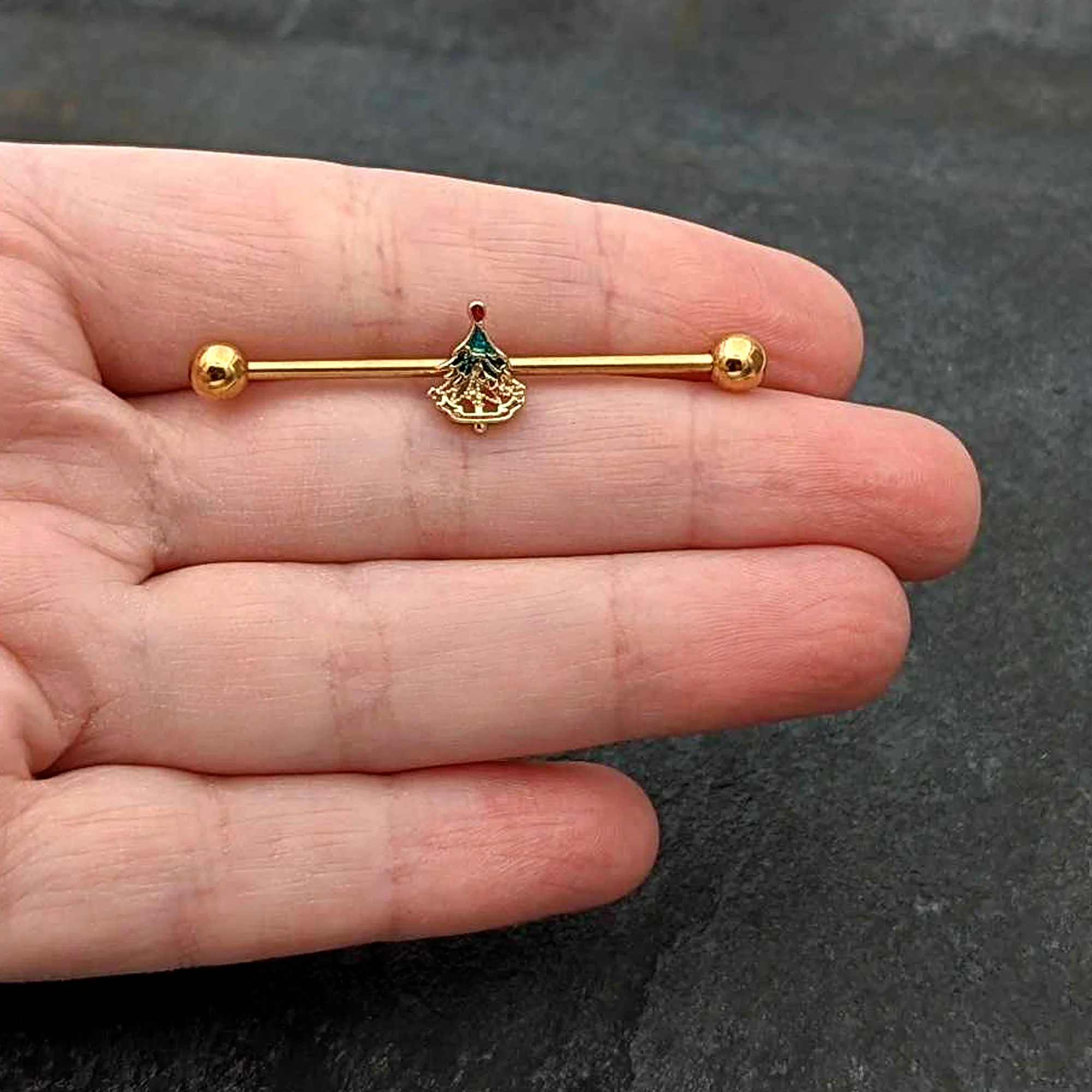 14G Red Gem Gold Tone Deco Holiday Tree Industrial Barbell 38mm - Image 7