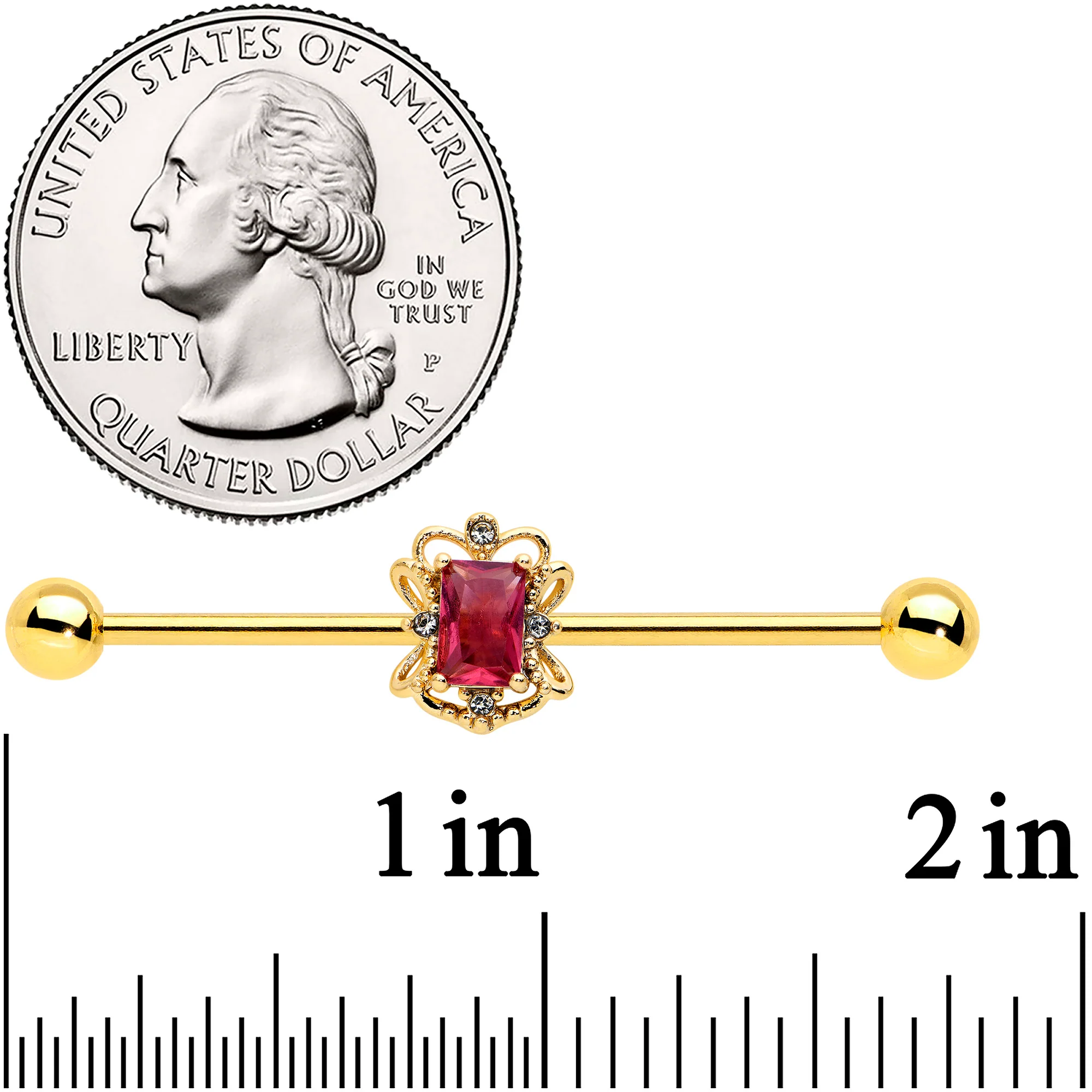 14G Red Gem Gold Tone Regal Escutcheon Industrial Barbell 38mm - Image 2