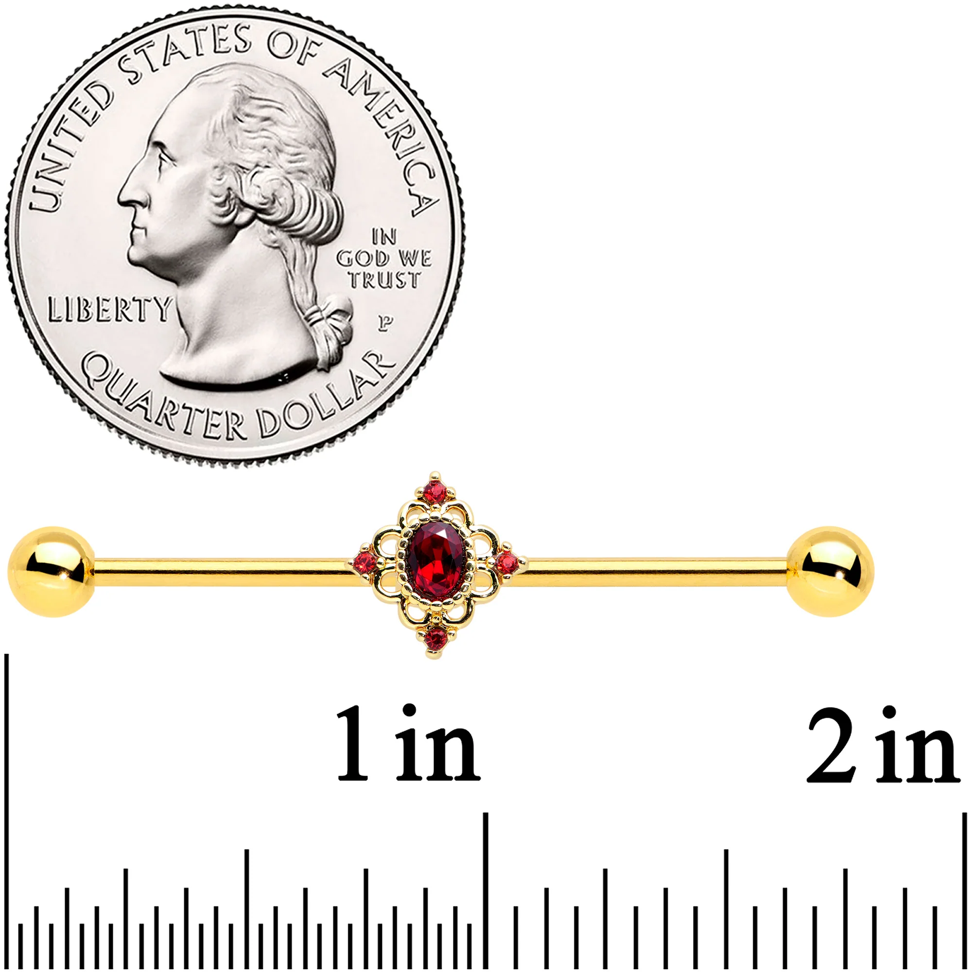 14G Red Gem Gold Tone Rich Regal Rhombus Industrial Barbell 38mm - Image 2