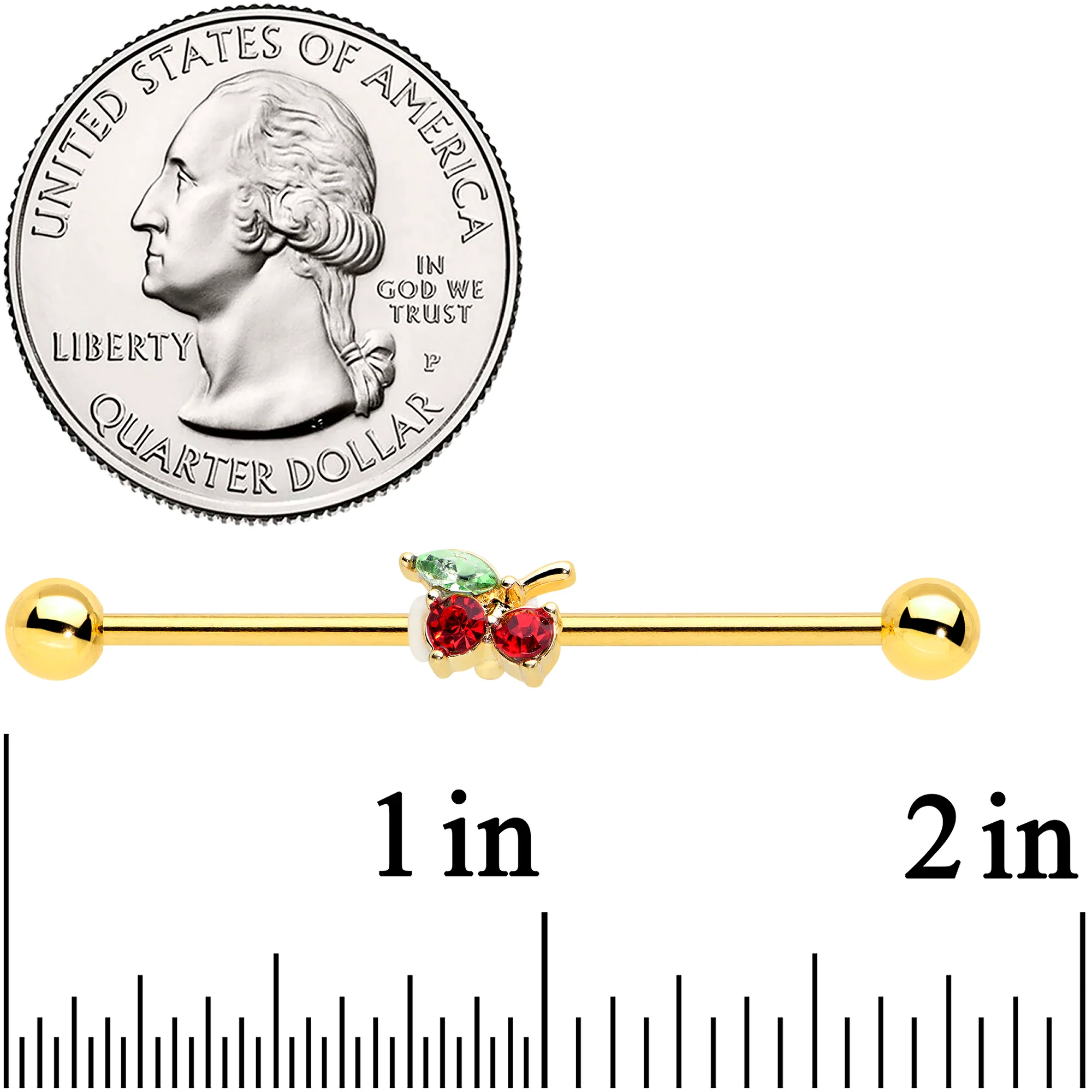 14G Red Gem Gold Tone Tasty Cherry Fruit Industrial Barbell 38mm - Image 2