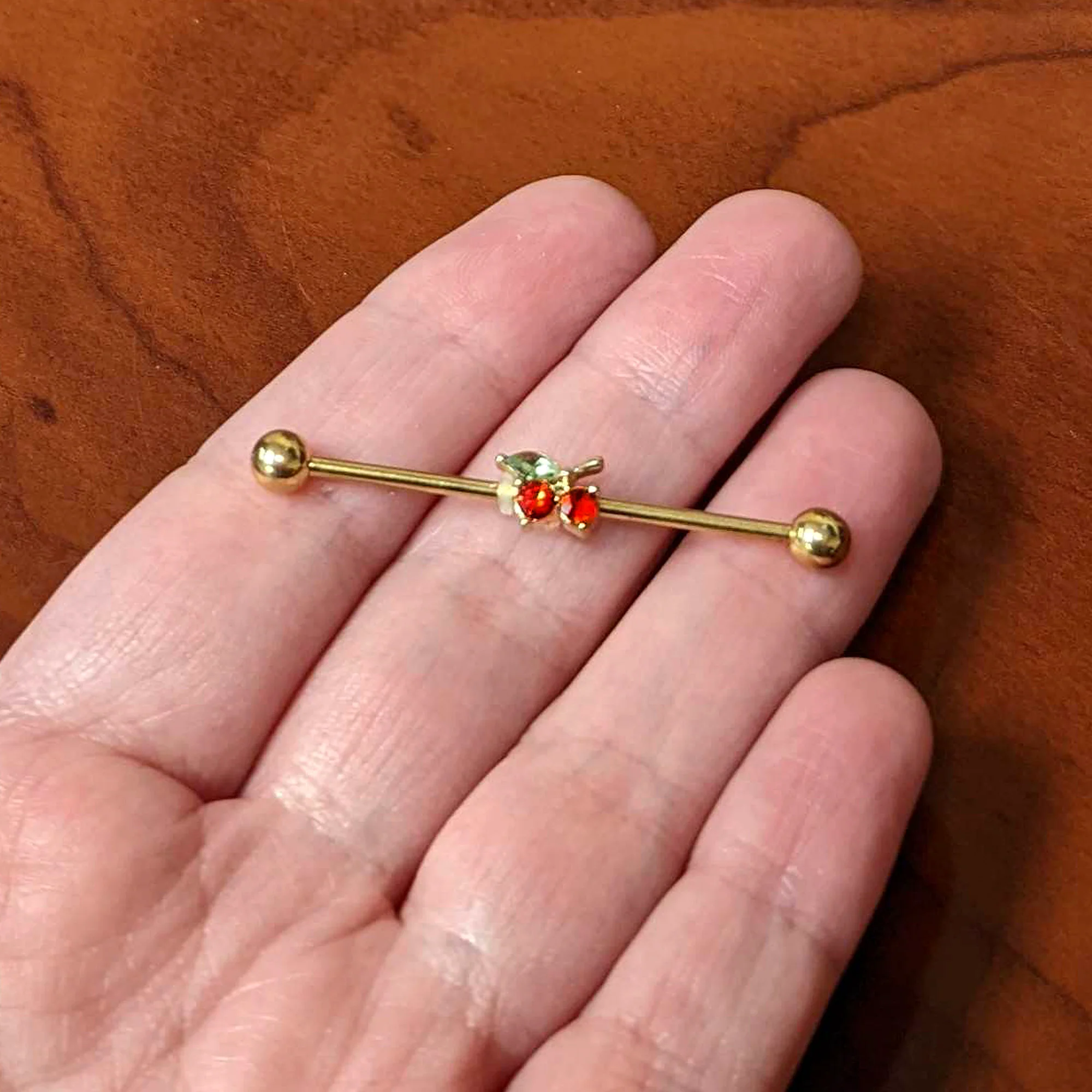 14G Red Gem Gold Tone Tasty Cherry Fruit Industrial Barbell 38mm - Image 3