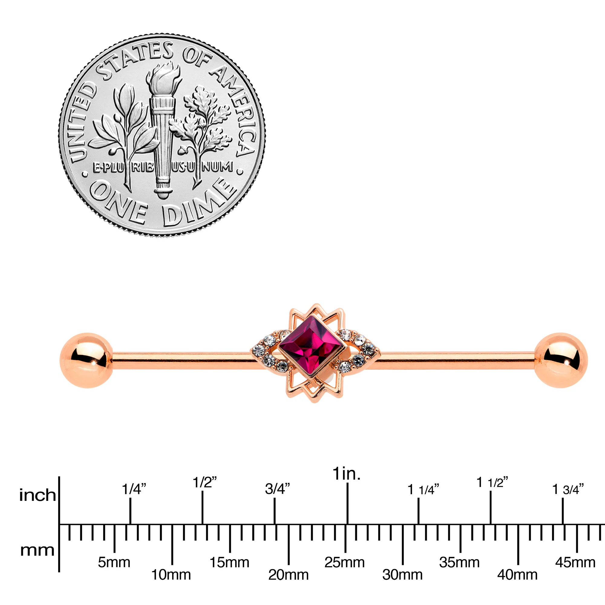 14G Red Gem Rose Gold Tone Octogram Star Industrial Barbell 38mm - Image 3