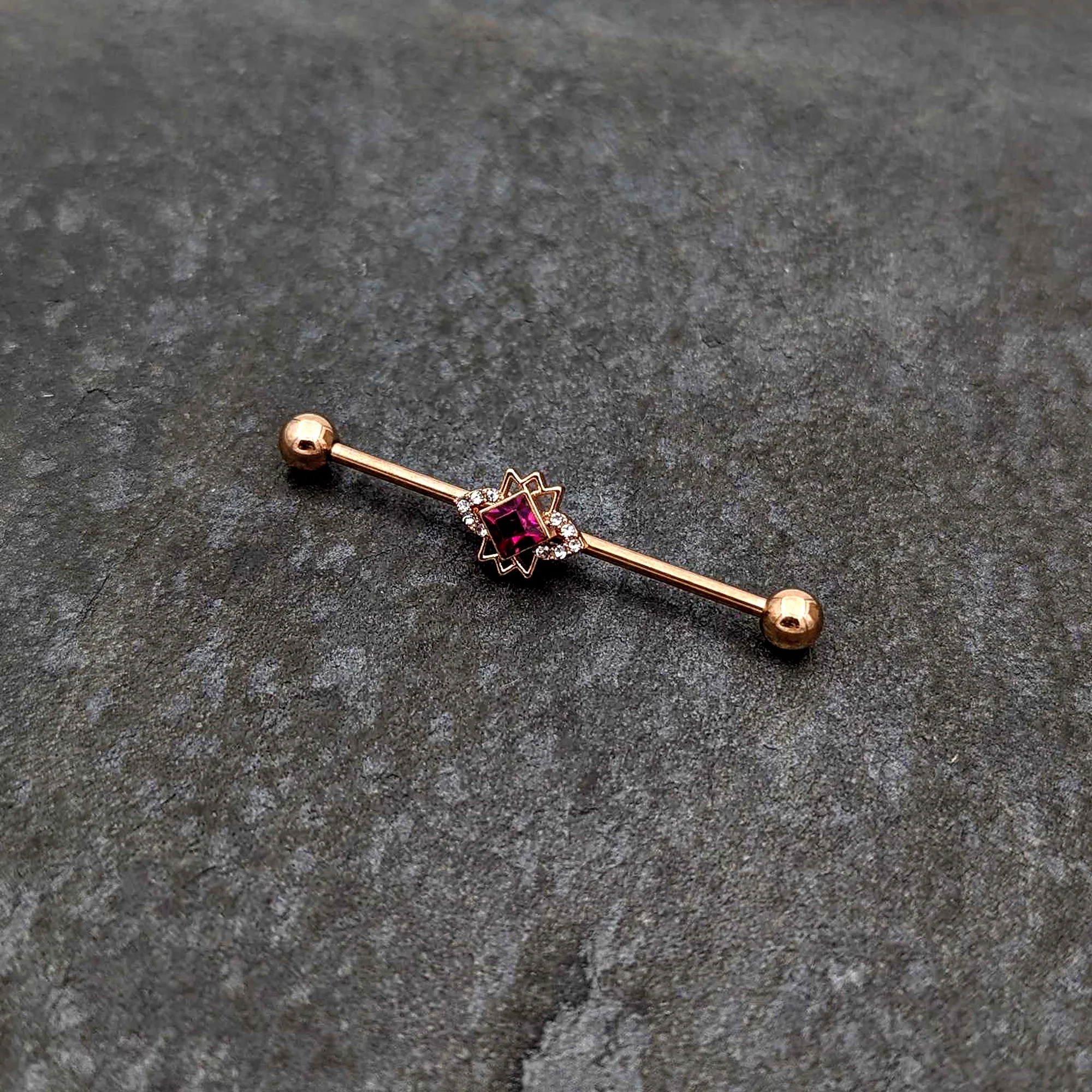 14G Red Gem Rose Gold Tone Octogram Star Industrial Barbell 38mm - Image 4
