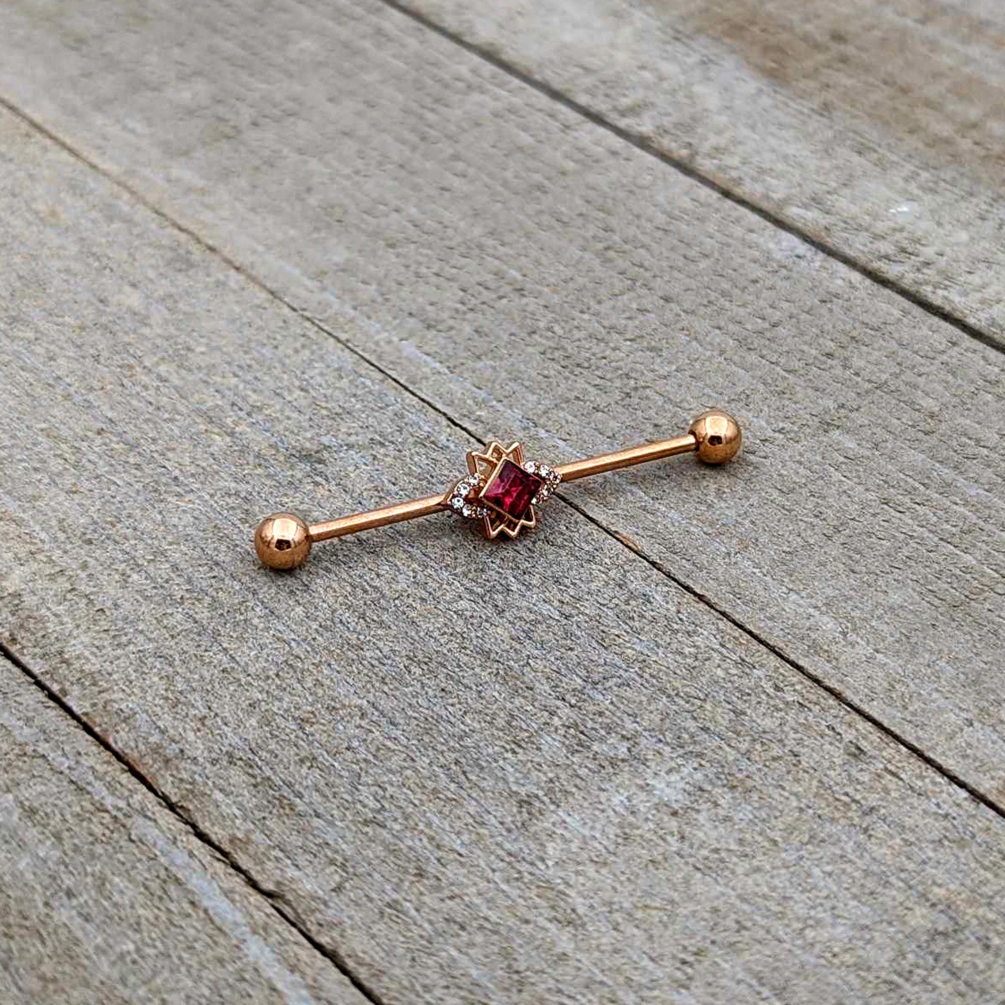 14G Red Gem Rose Gold Tone Octogram Star Industrial Barbell 38mm - Image 5