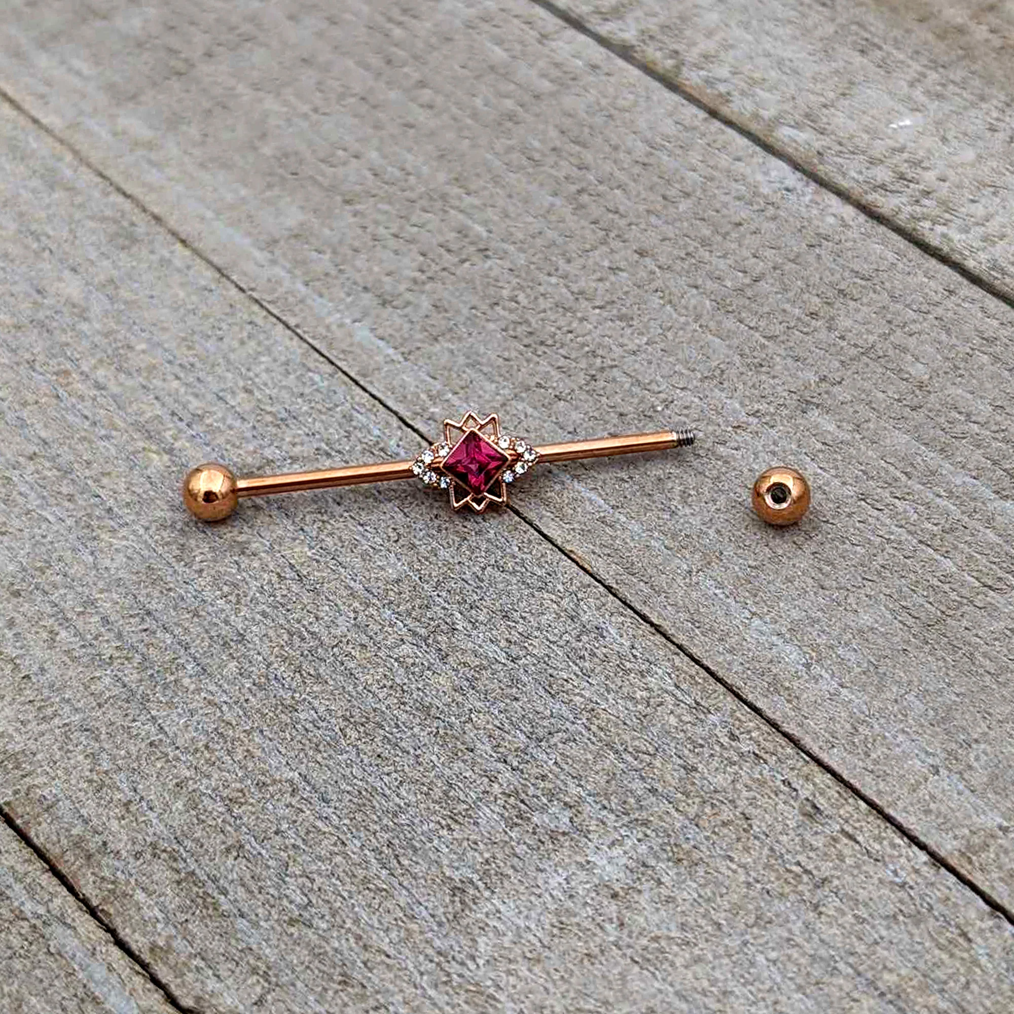 14G Red Gem Rose Gold Tone Octogram Star Industrial Barbell 38mm - Image 6