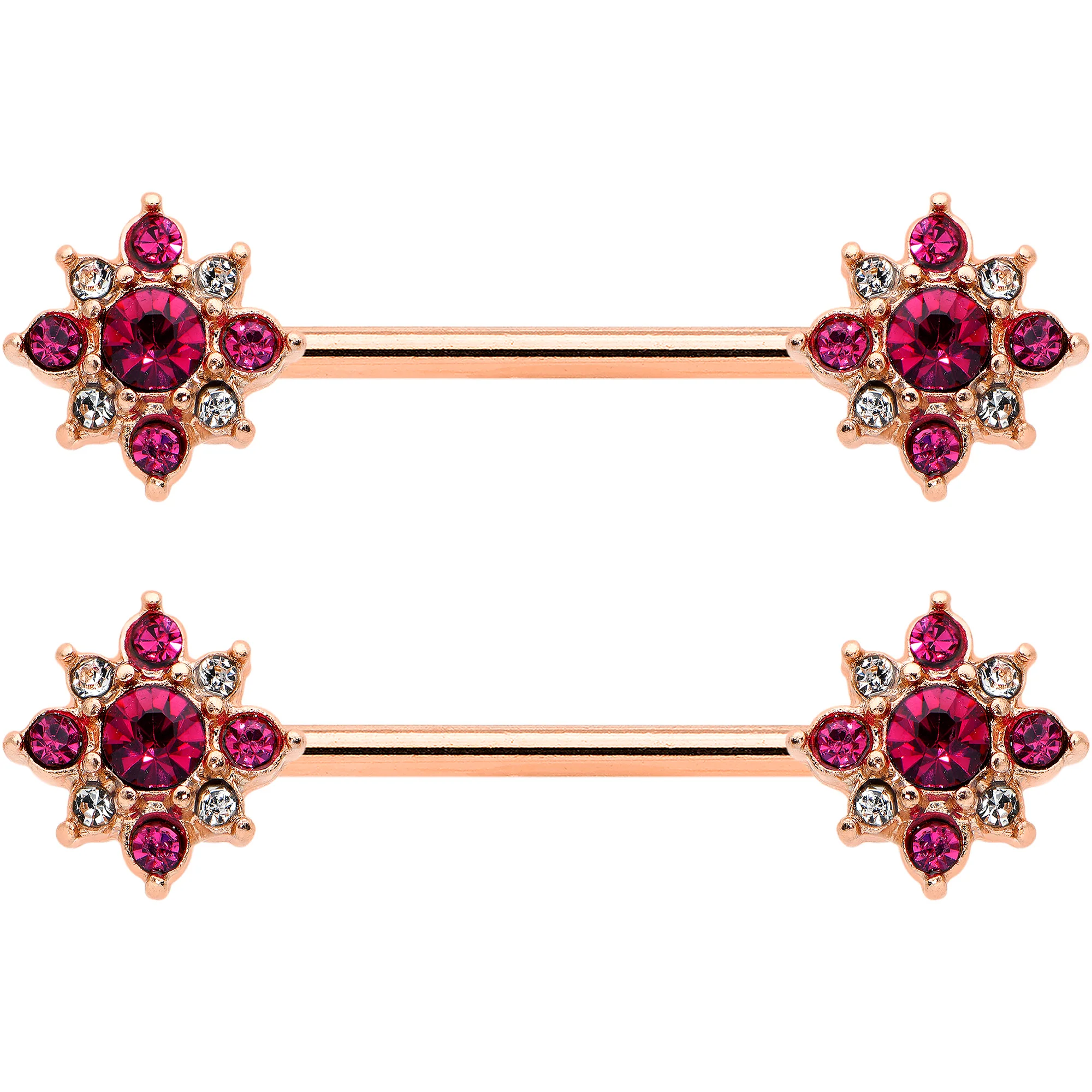 14G Red Gem Rose Gold Tone Rococo Star Barbell Nipple Ring Set - Image 2