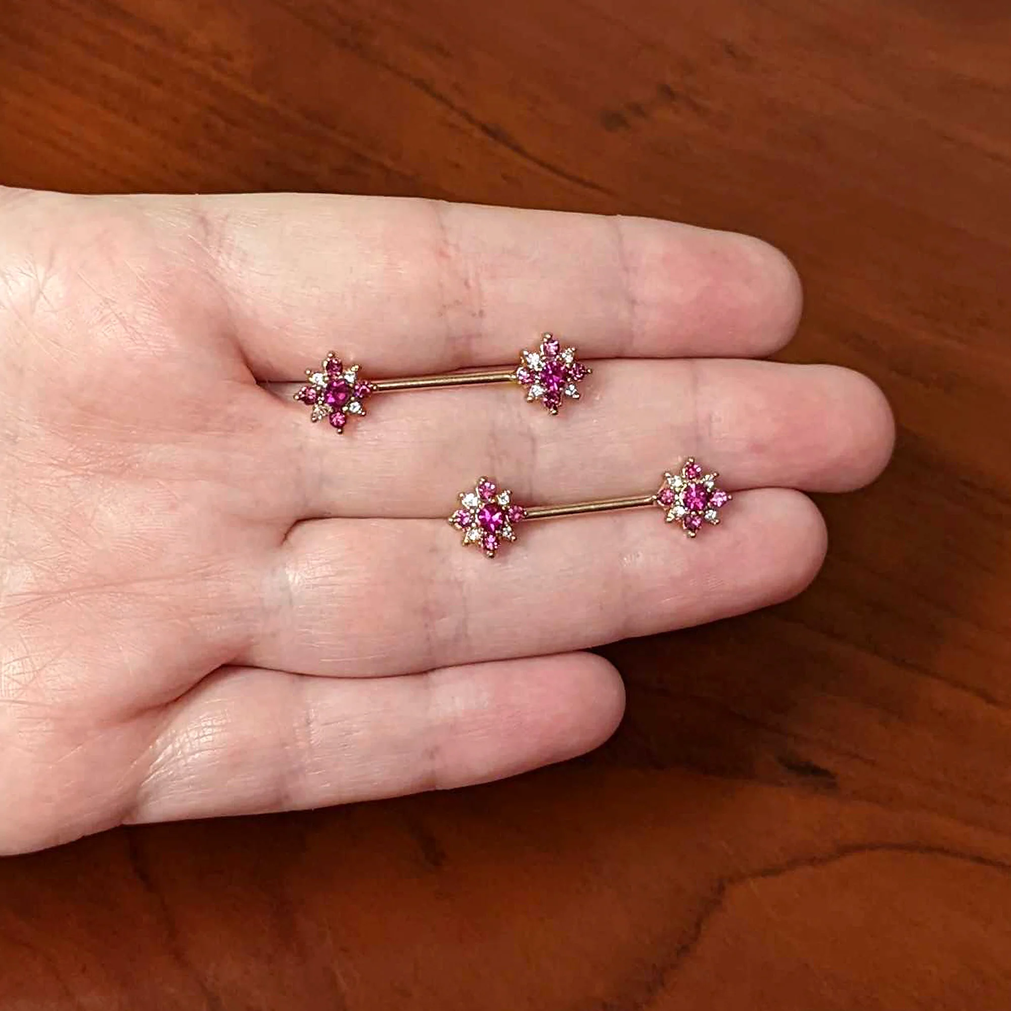14G Red Gem Rose Gold Tone Rococo Star Barbell Nipple Ring Set - Image 4