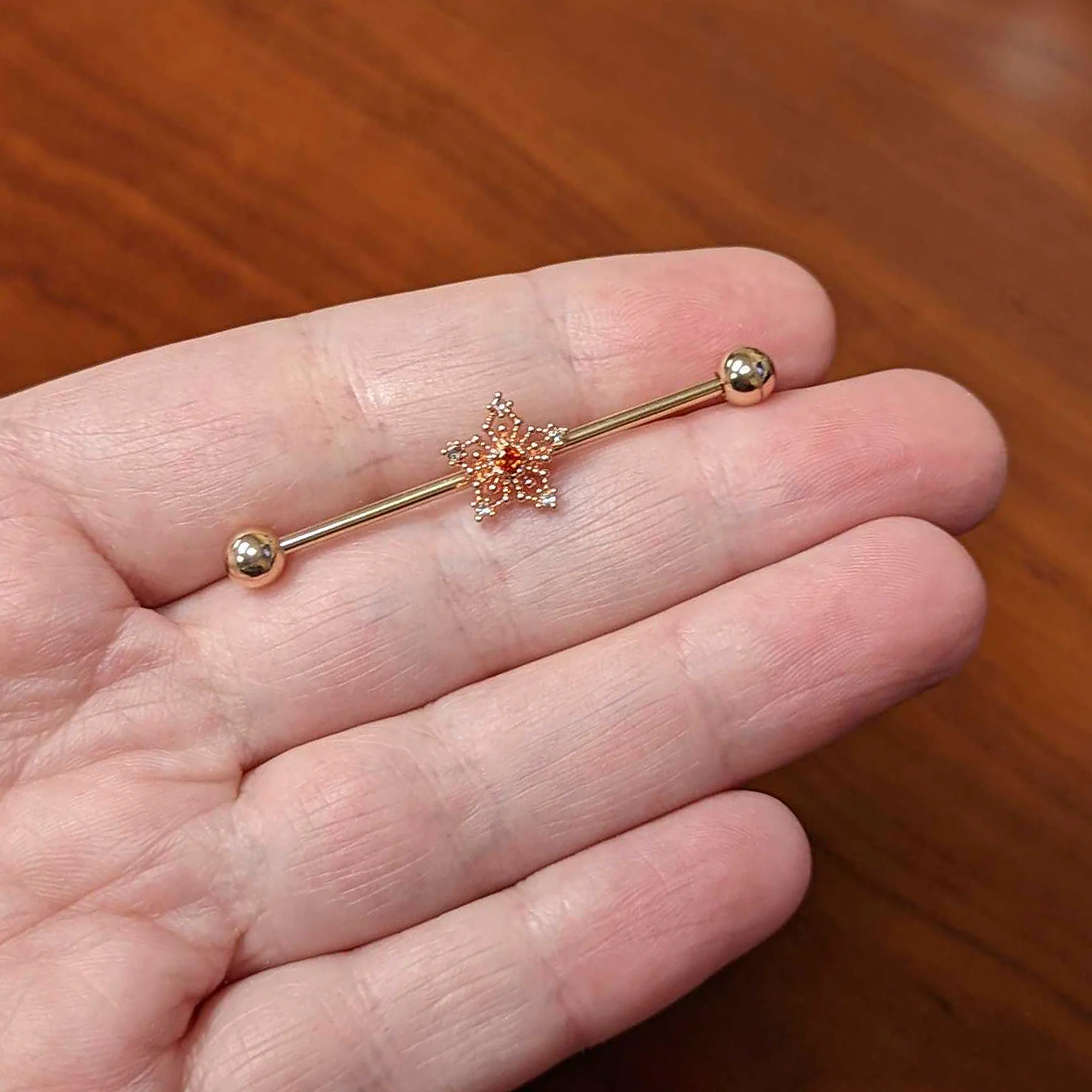 14G Red Gem Rosy Tone Texture Snowflake Industrial Barbell 38mm - Image 3