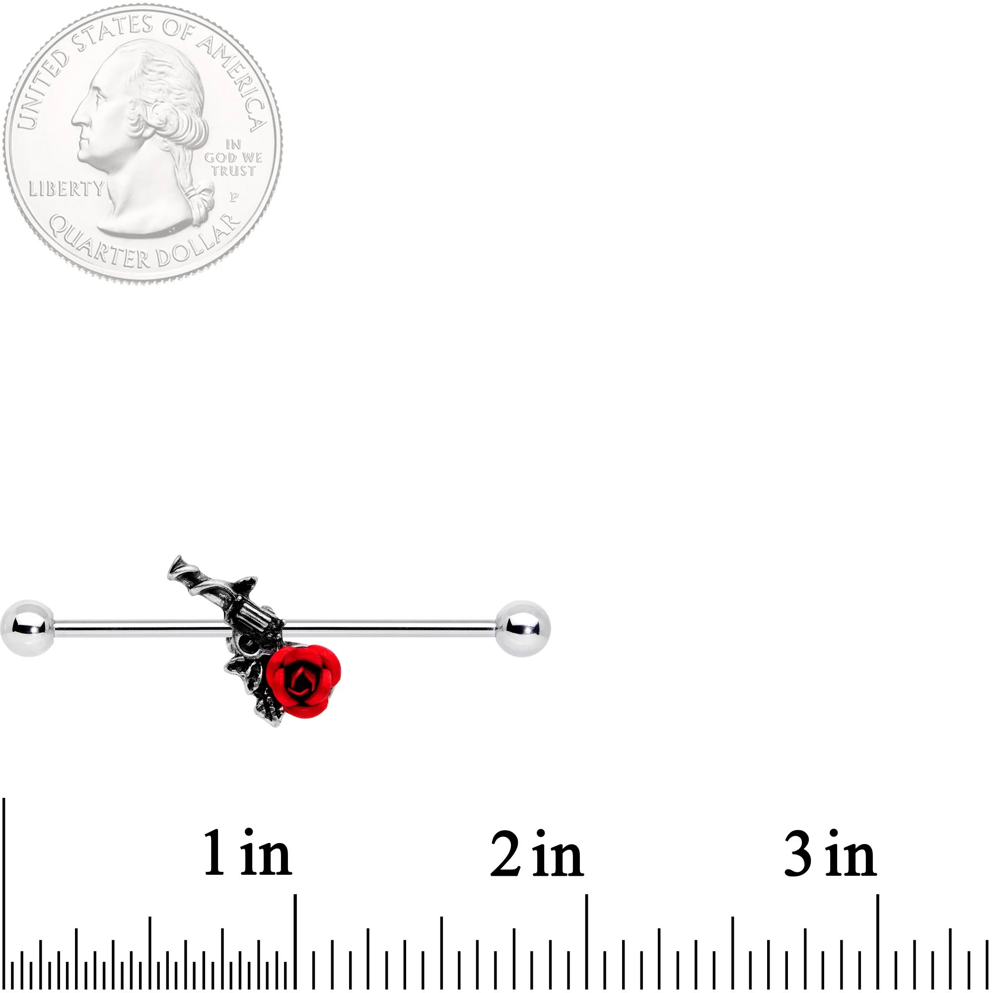 14G Red Rose Flower and Gun Industrial Barbell 38mm - Image 3