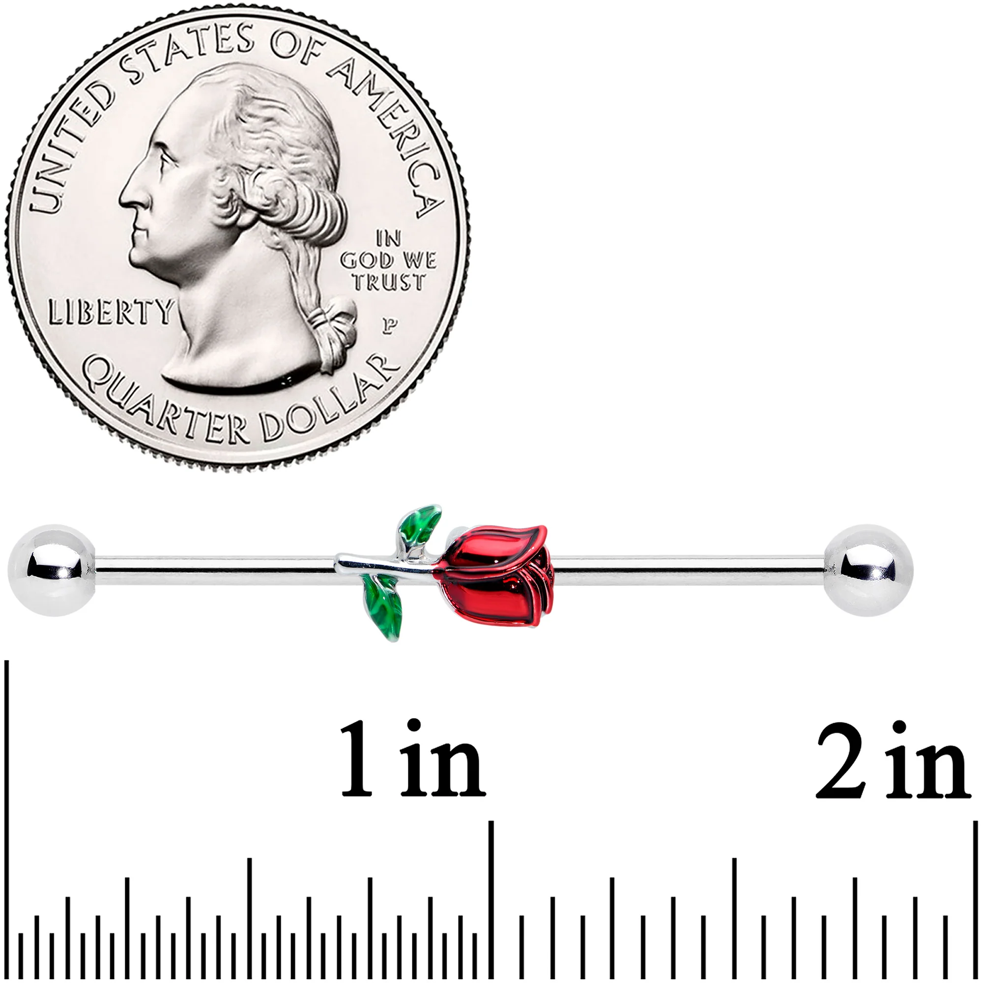 14G Red Rose Flower Valentines Day Industrial Barbell 38mm - Image 2