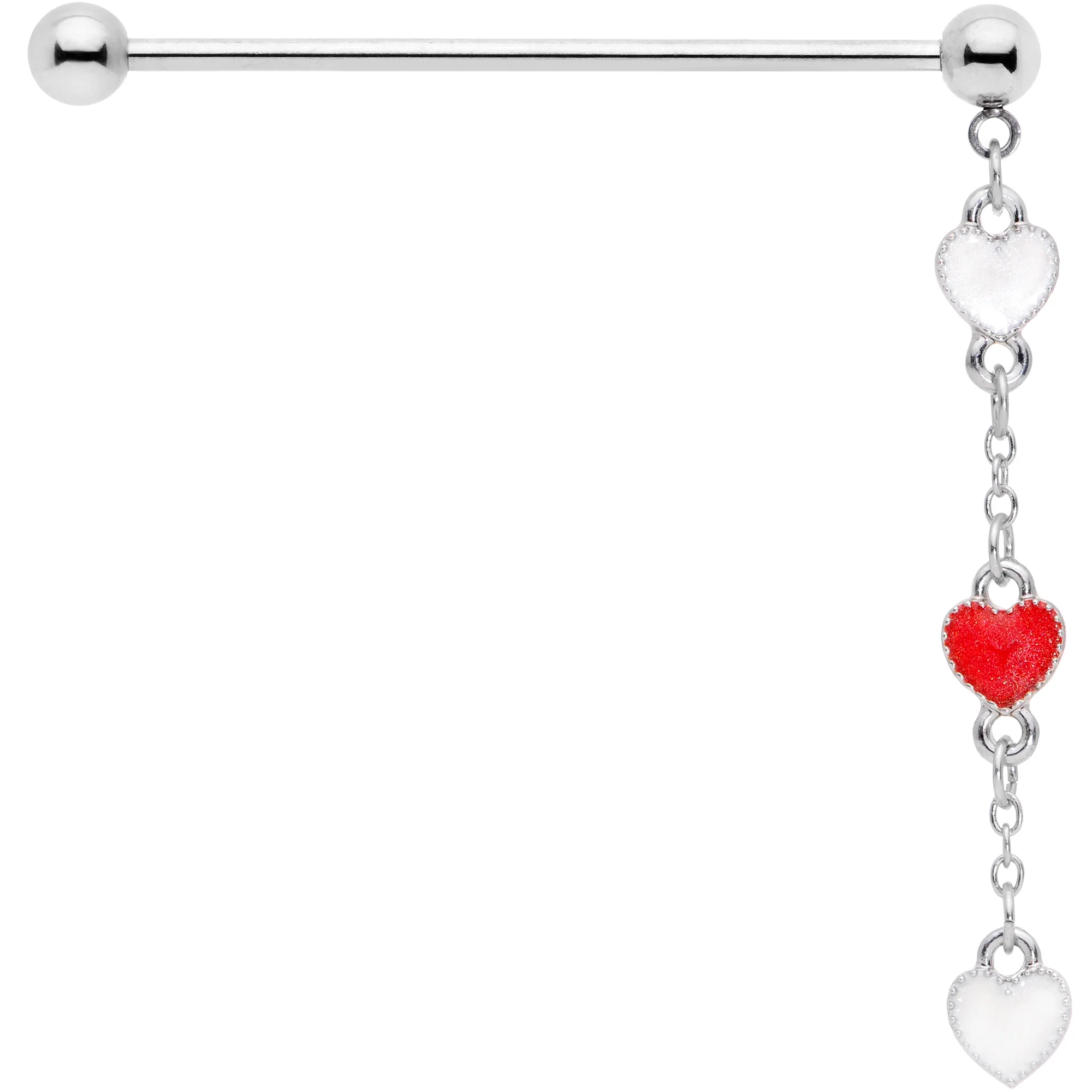 14G Red White Hearts Dangle Industrial Barbell 38mm - Image 2