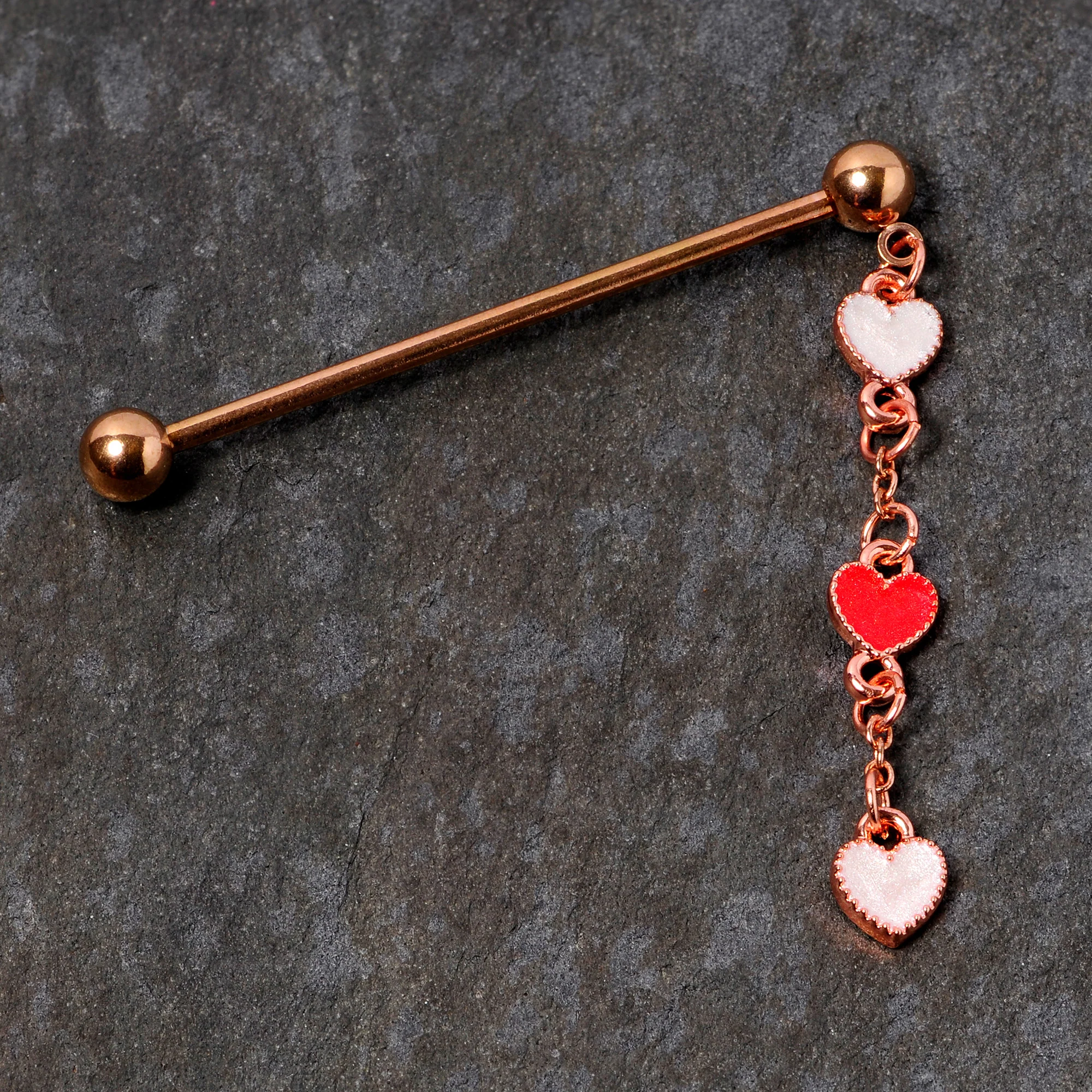 14G Red White Rose Gold Tone Hearts Dangle Industrial Barbell 38mm - Image 2