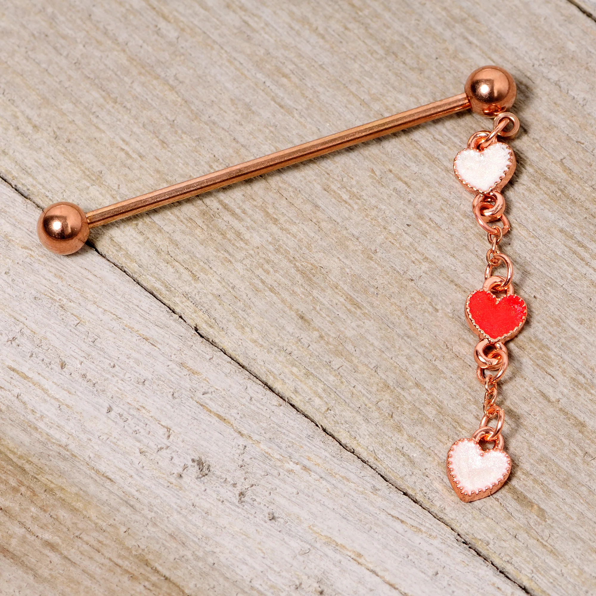 14G Red White Rose Gold Tone Hearts Dangle Industrial Barbell 38mm - Image 3