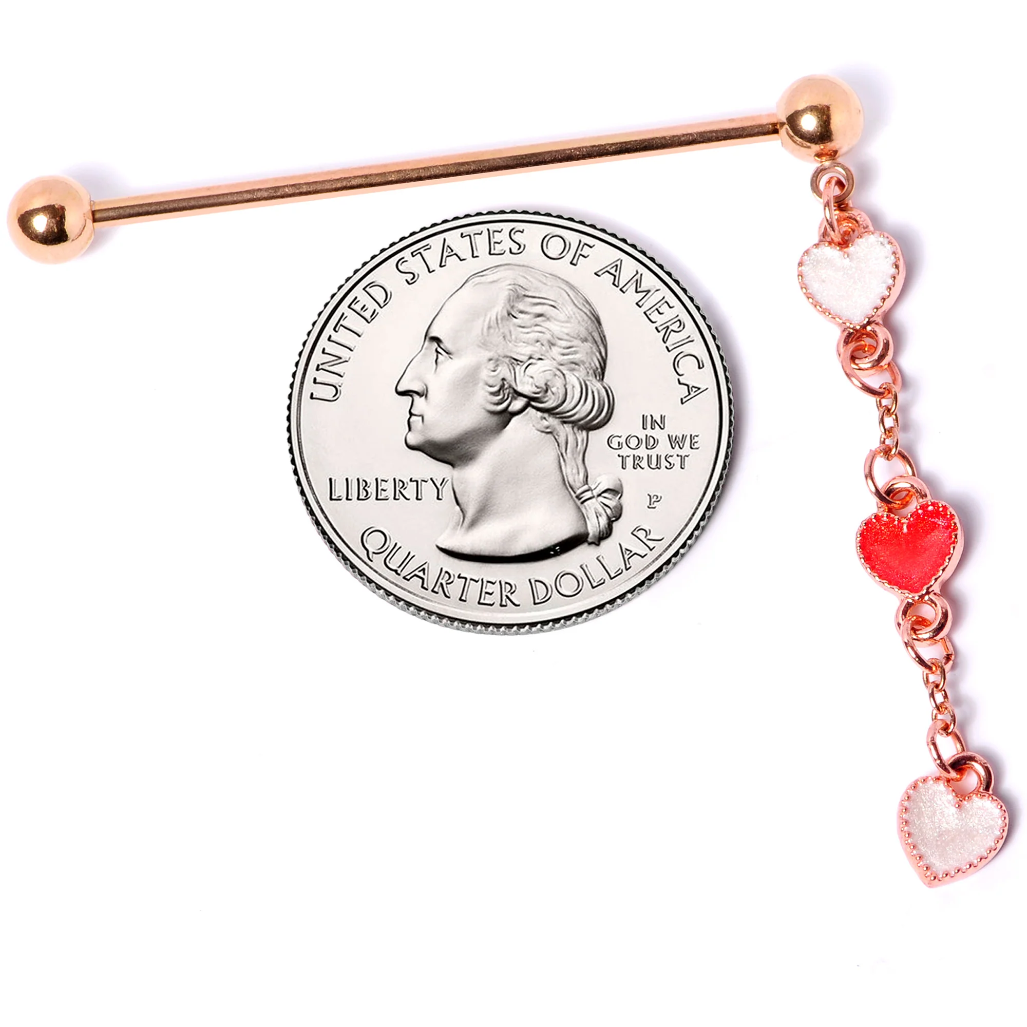 14G Red White Rose Gold Tone Hearts Dangle Industrial Barbell 38mm - Image 4