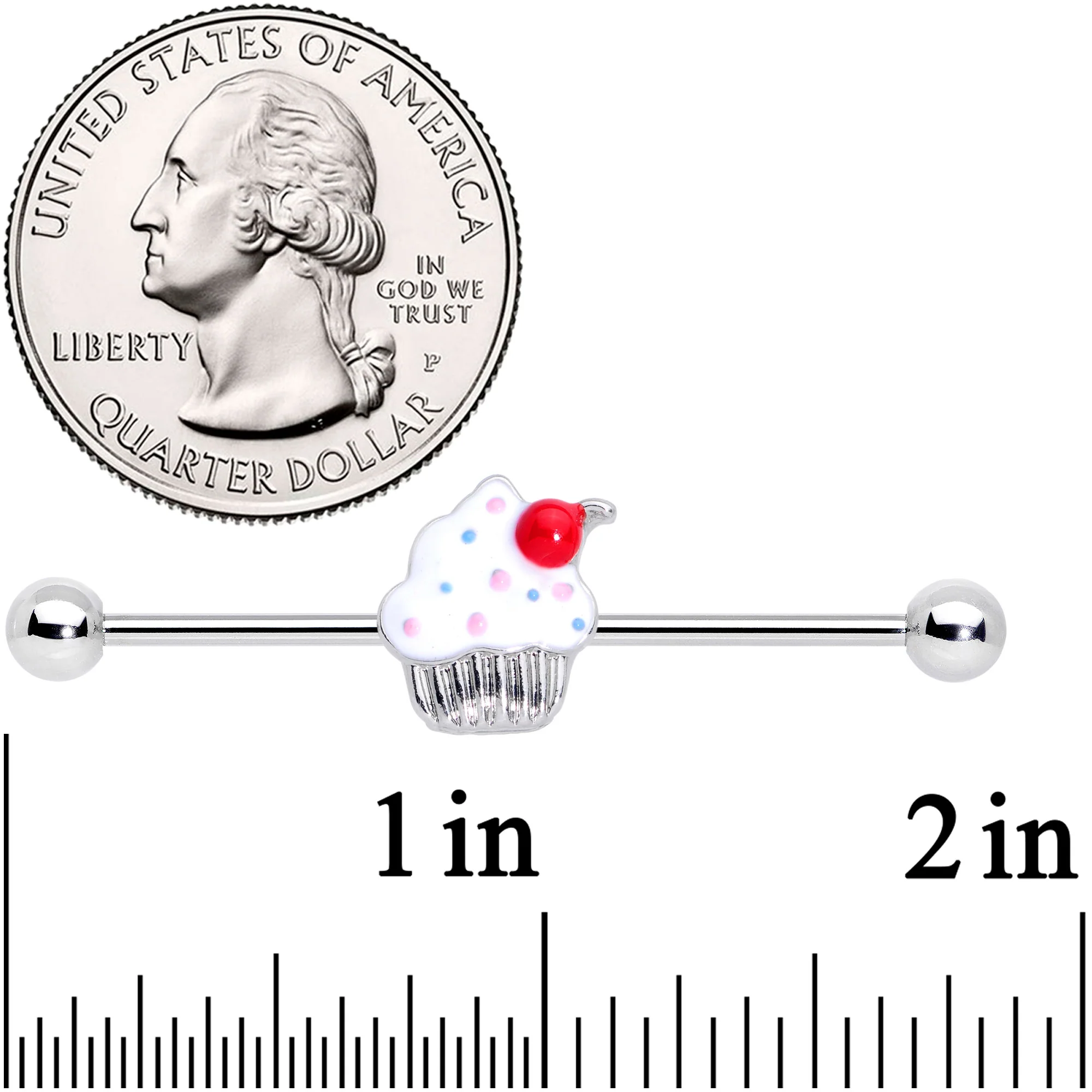14G Red White Sprinkle Cherry Cupcake Industrial Barbell 38mm - Image 3