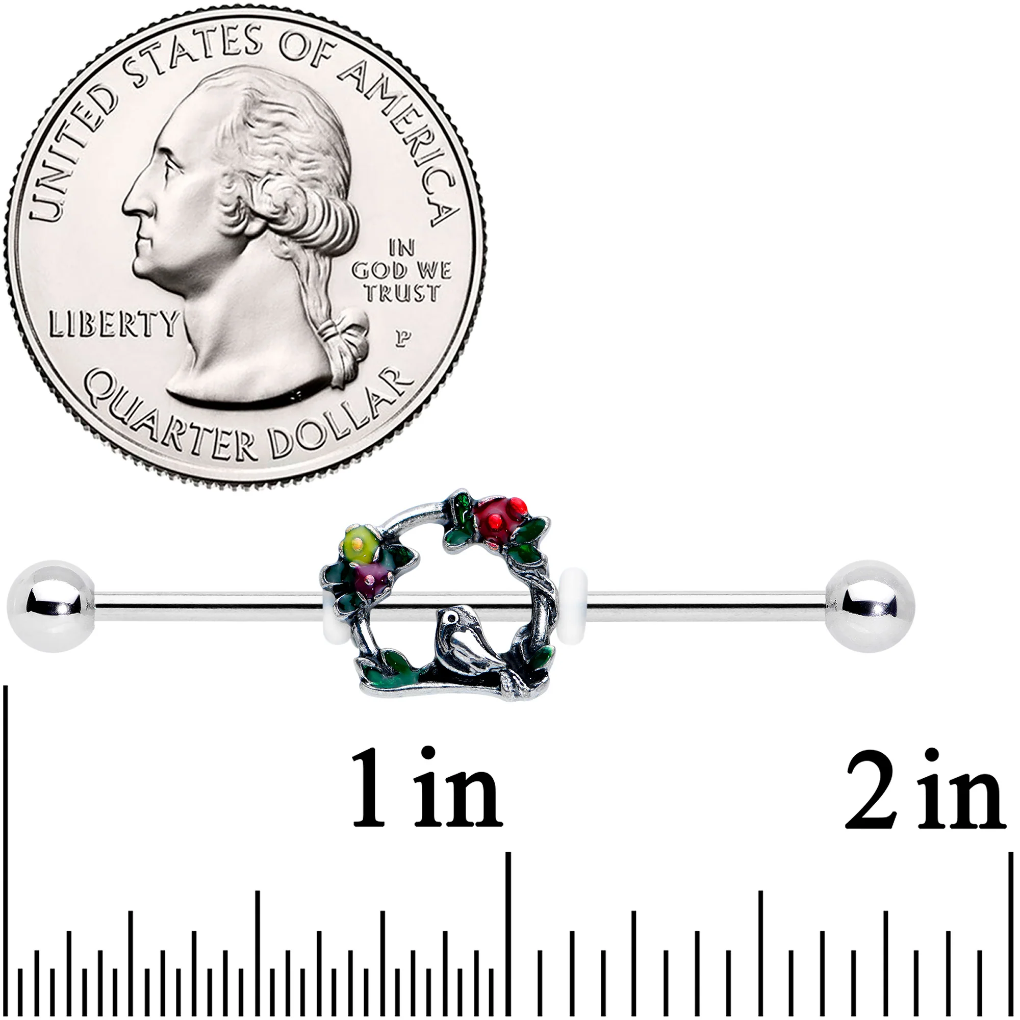 14G Red Yellow Flower Swing Bird Industrial Barbell 38mm - Image 2