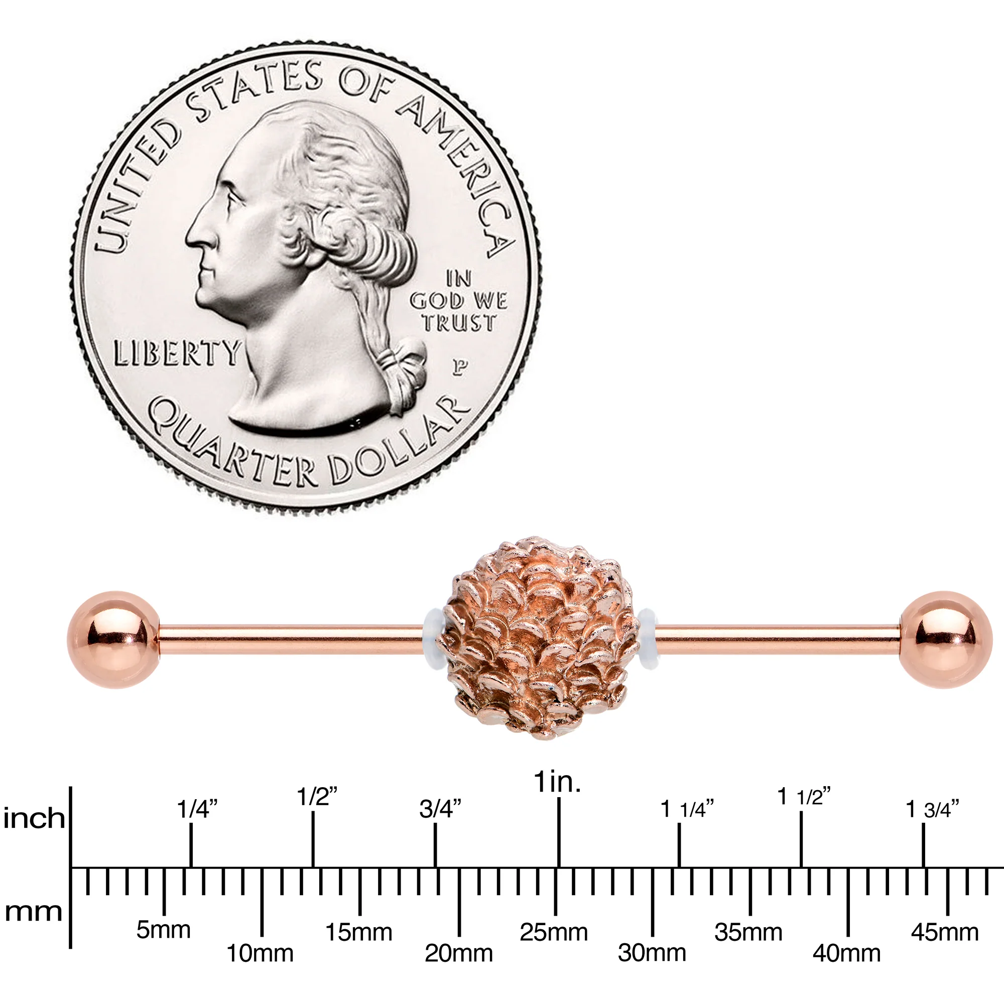 14G Rose Gold Tone Autumn Pine Cone Industrial Barbell 38mm - Image 3
