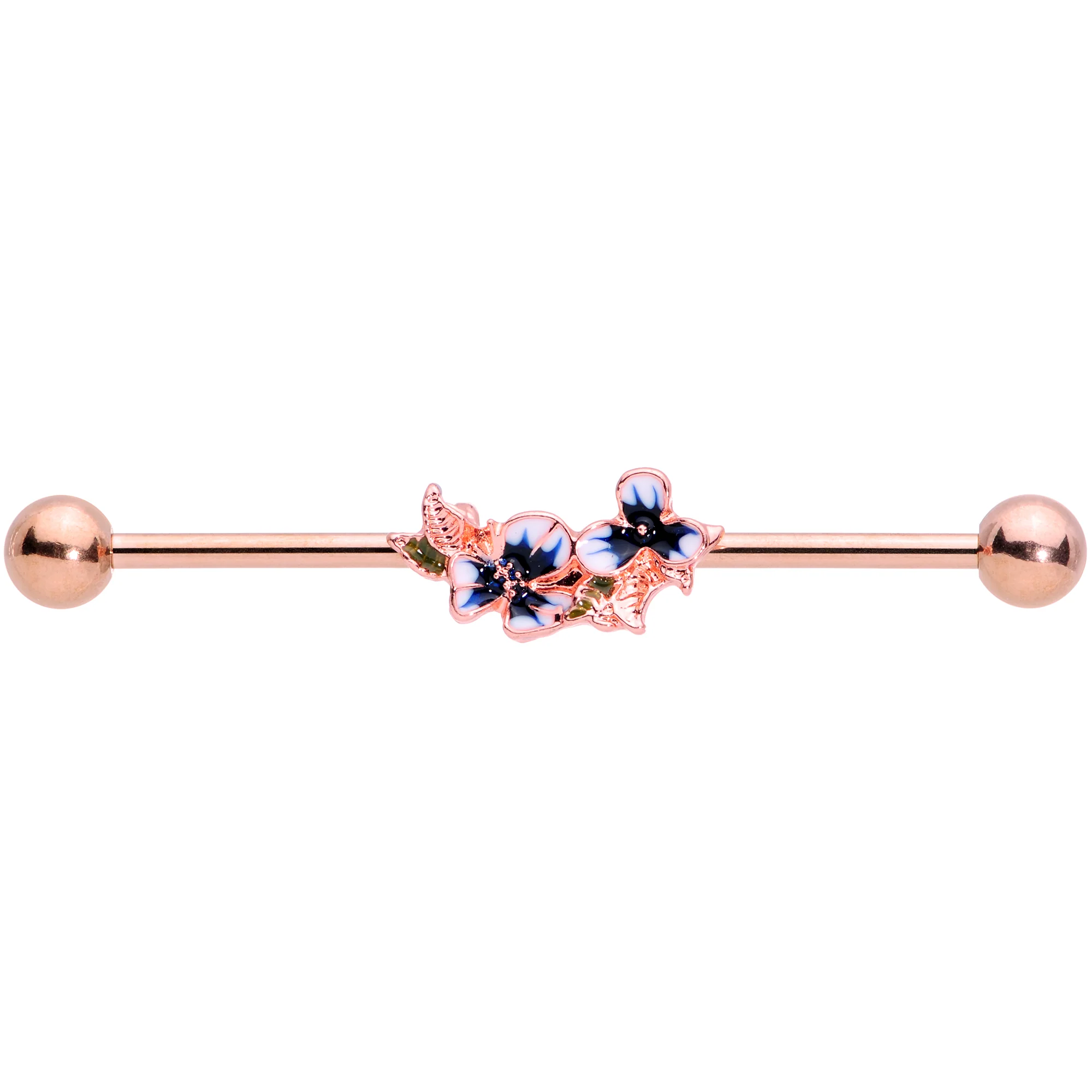 14G Rose Gold Tone Blue Tropical Flower Industrial Barbell 38mm - Image 2