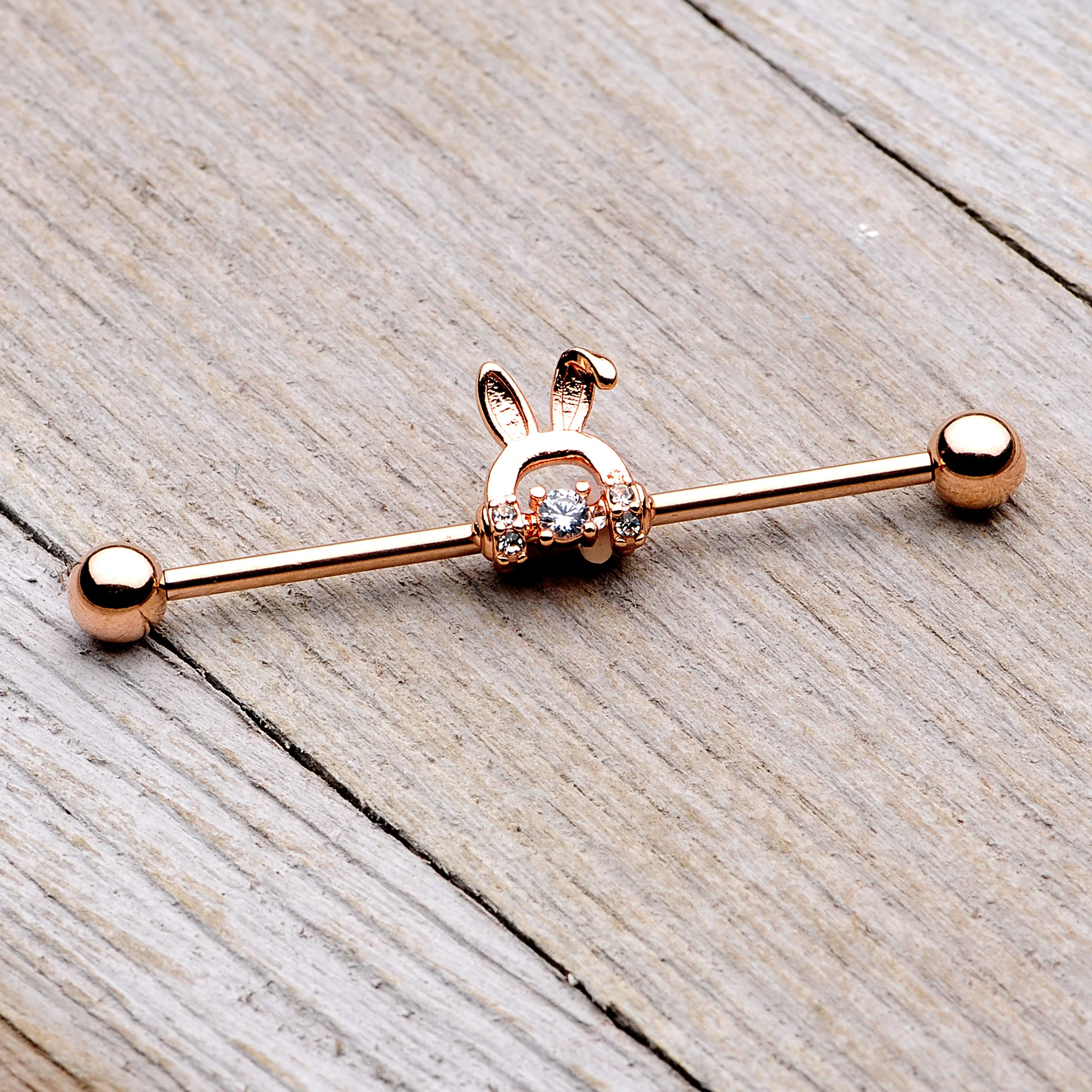 14G Rose Gold Tone Bunny Ear Headphone Industrial Barbell - Image 3