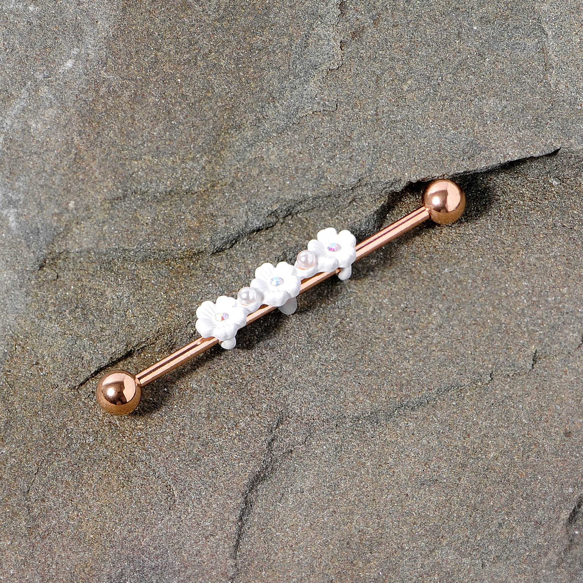 14G Aurora Gem Rose Gold Tone Flower Industrial Barbell 38mm - Image 2
