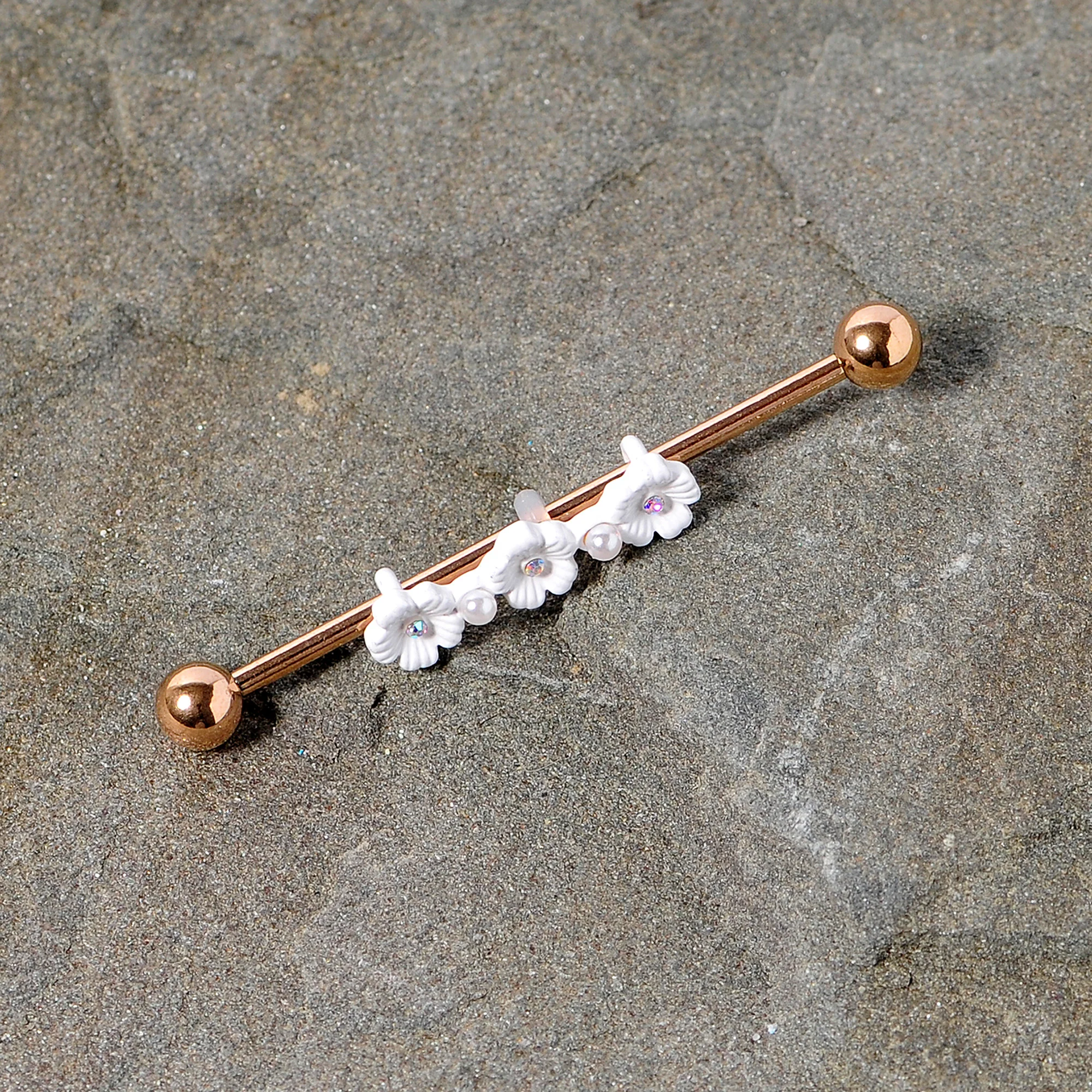14G Aurora Gem Rose Gold Tone Flower Industrial Barbell 38mm - Image 3