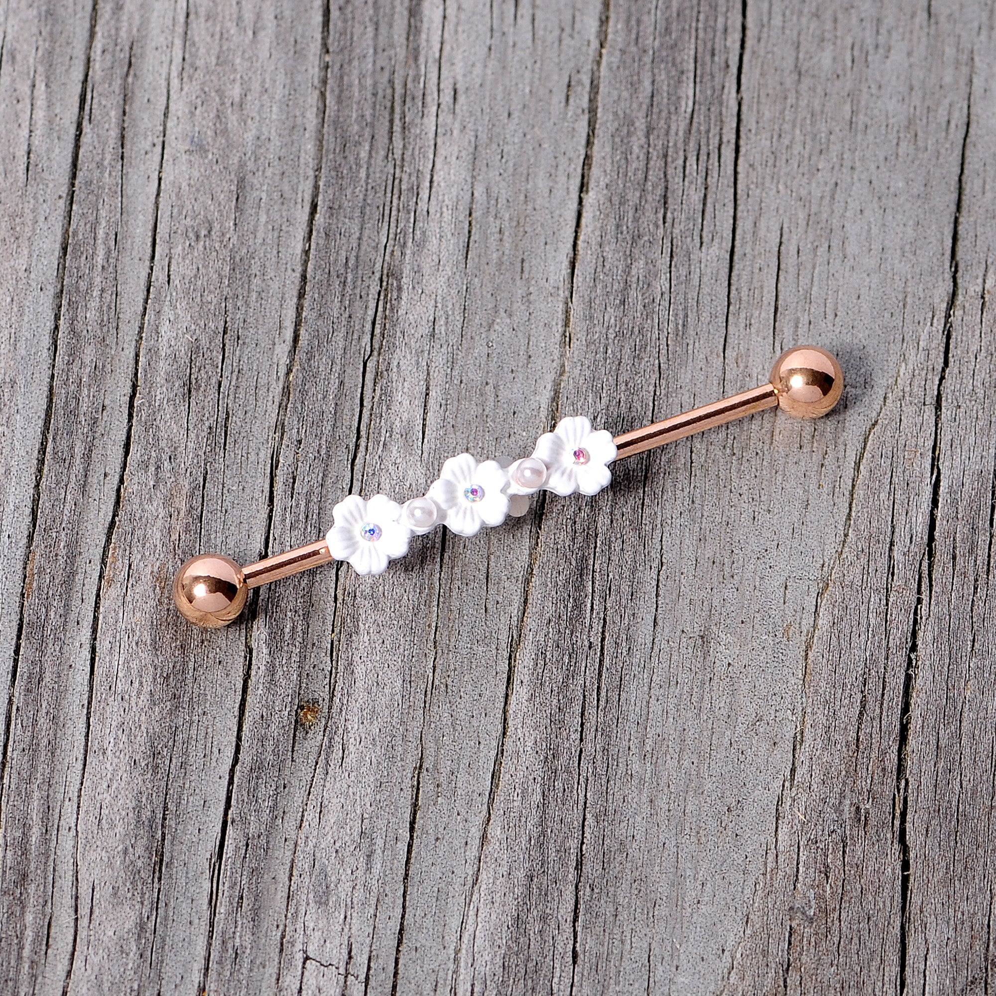 14G Aurora Gem Rose Gold Tone Flower Industrial Barbell 38mm - Image 4
