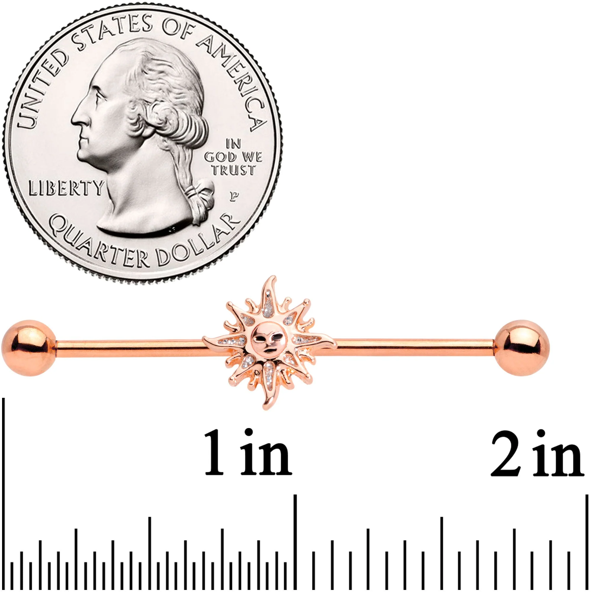 14G Rose Gold Tone Happy Sun Industrial Barbell 38mm - Image 2