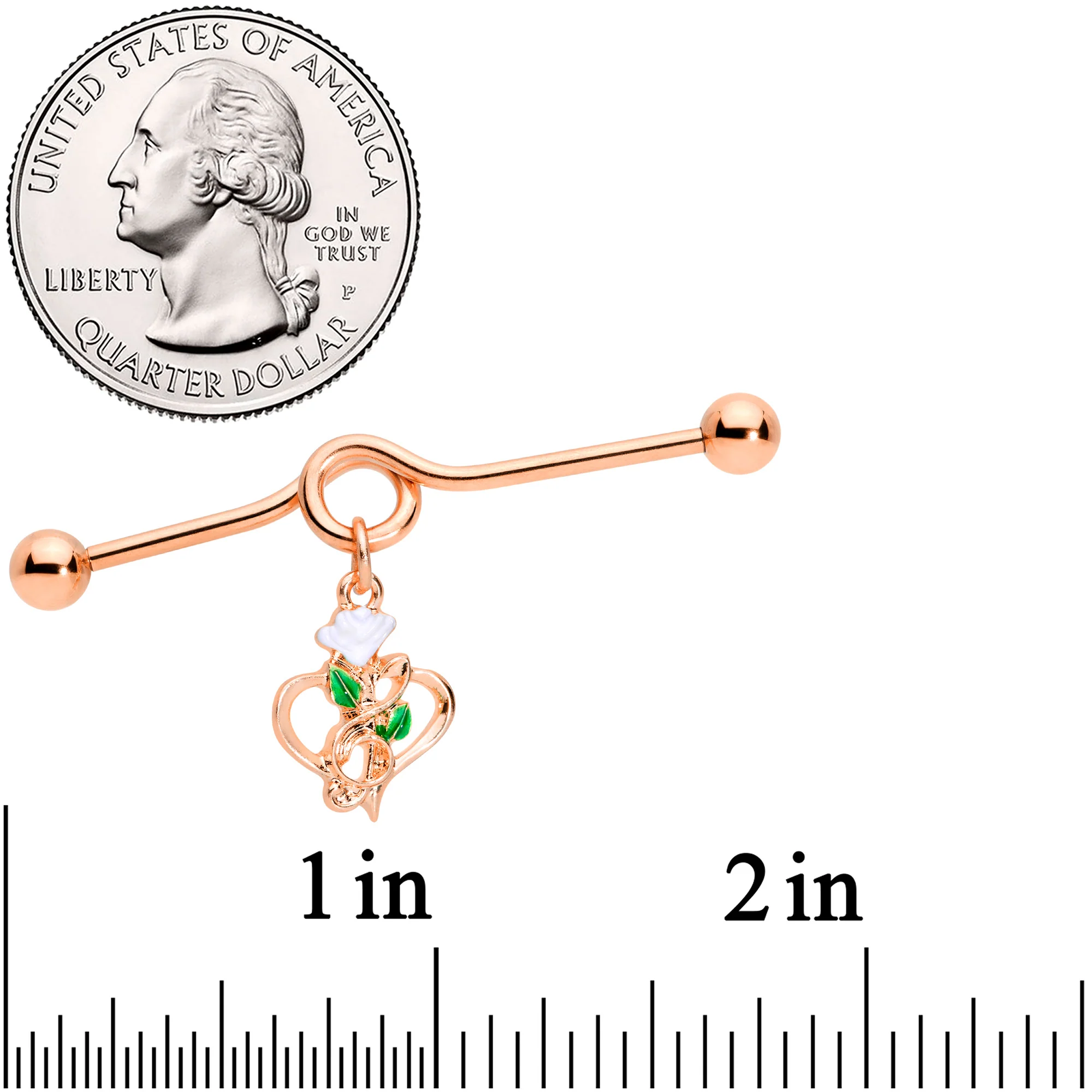 14G Rose Gold Tone Heart Flower Music Dangle Project Bar 38mm - Image 2