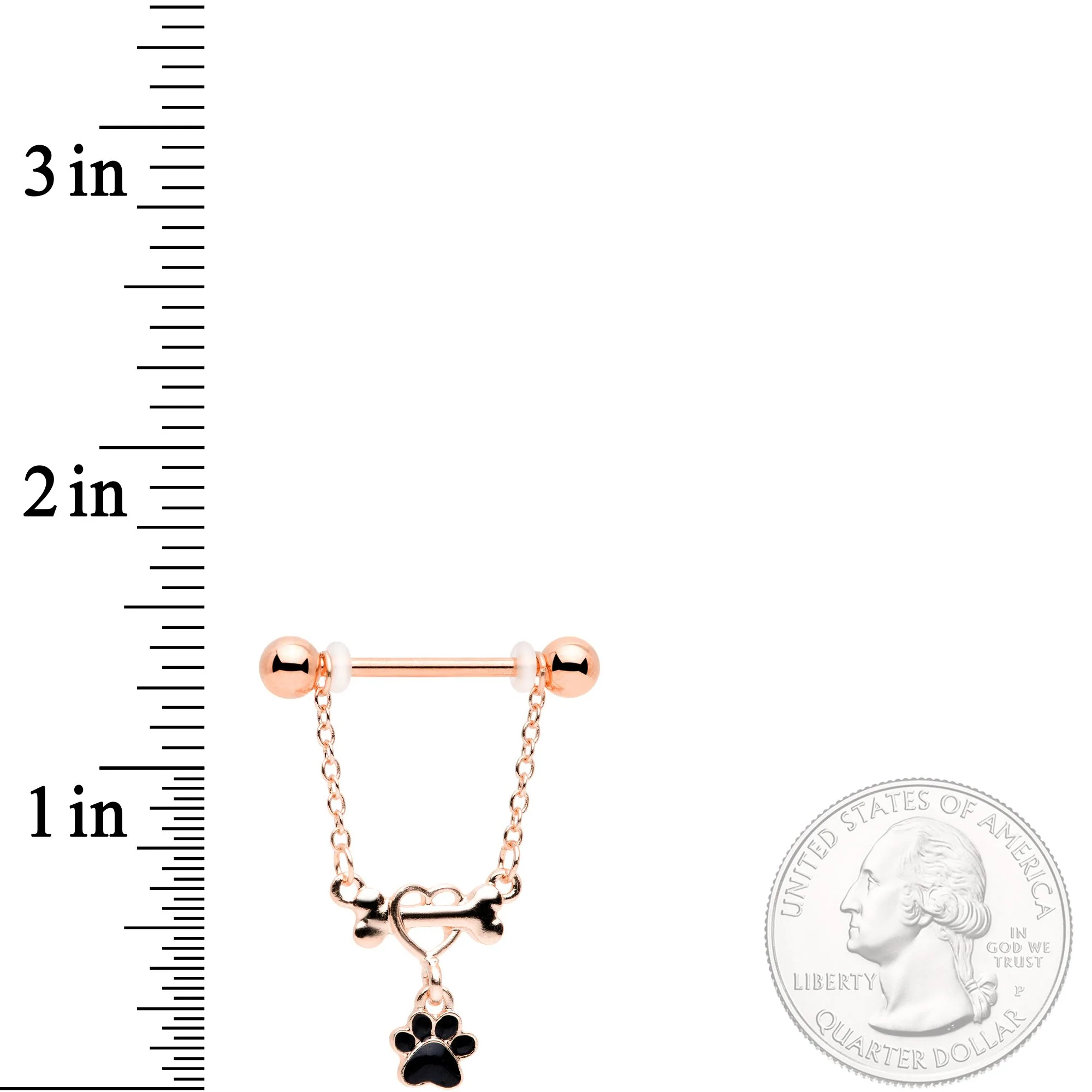 14G Rose Gold Tone Love My Dog Paw Print Dangle Nipple Ring Set - Image 2
