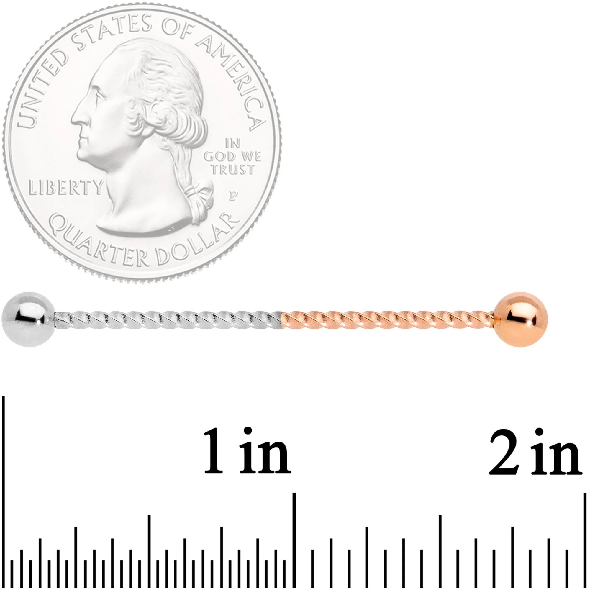 14G Rose Gold Tone Steel Two Tone Twisted Industrial Barbell 38mm - Image 2