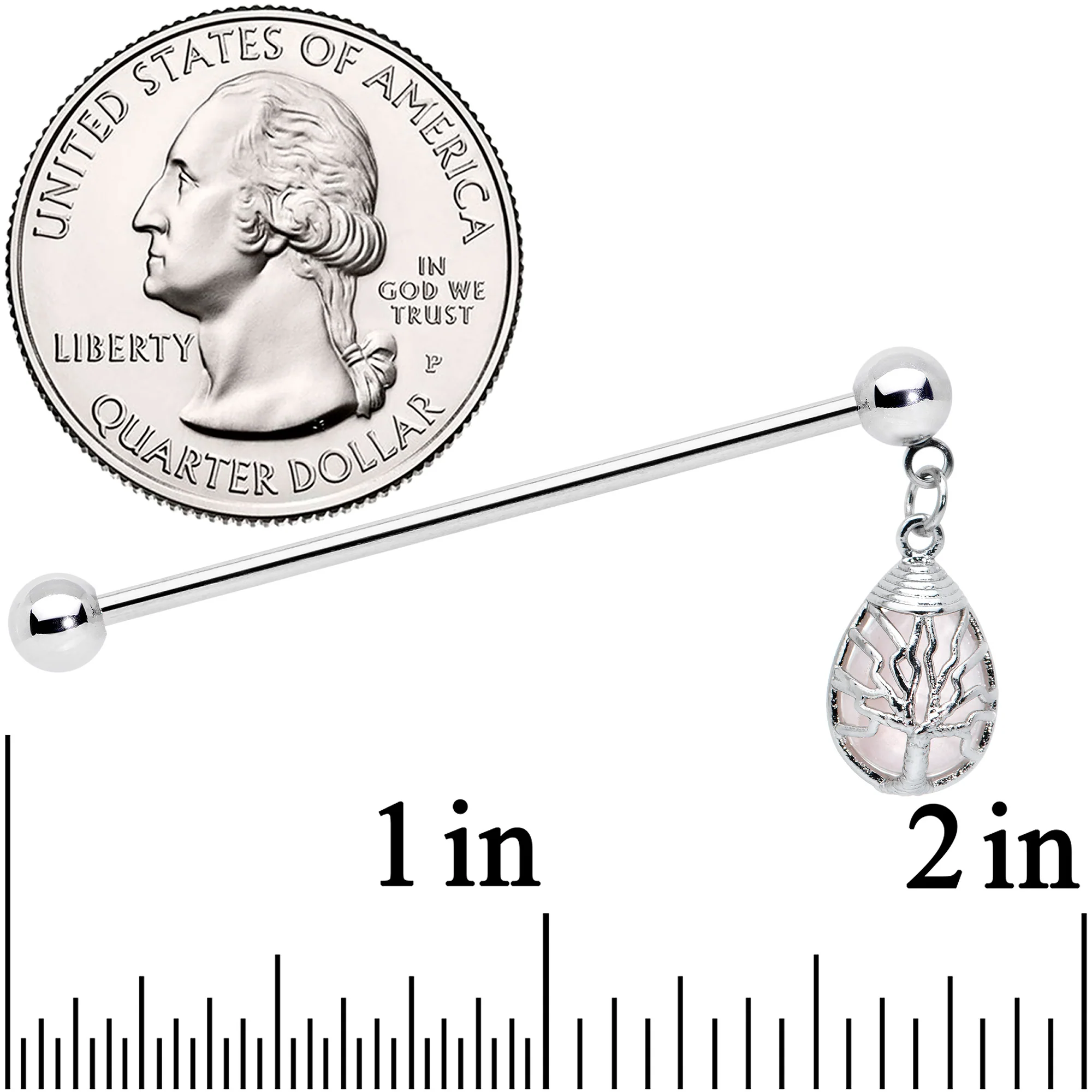 14G Rose Quartz Drop Tree Dangle Industrial Barbell 38mm - Image 2